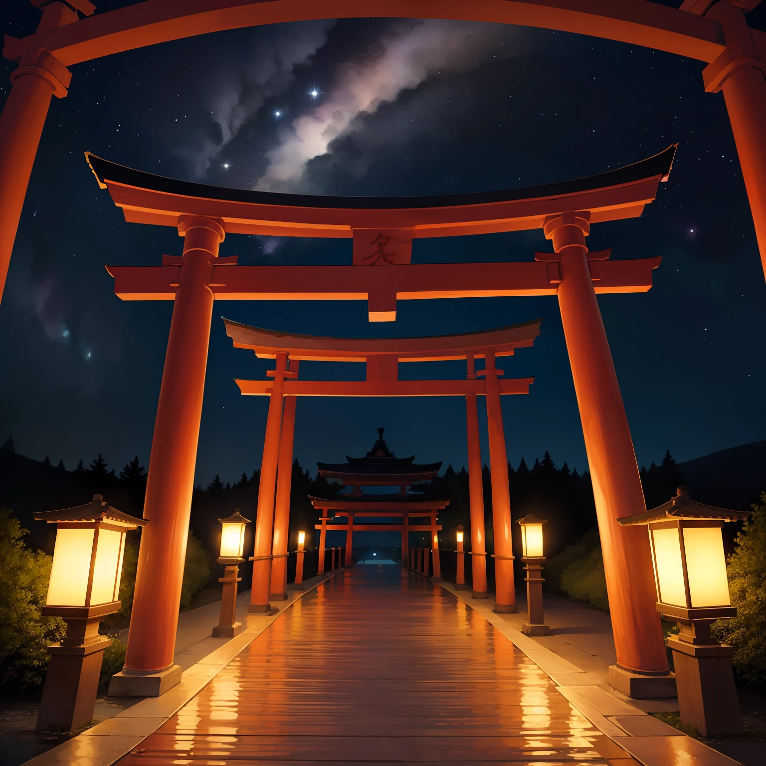 watercolor paiting(Beautifully Aesthetic:1.2)、Eau、liquids、natta、colourfull、natta、beautiful night、starrysky、Fantastic night、Large torii gate、There is hope beyond the torii gate、Full of light