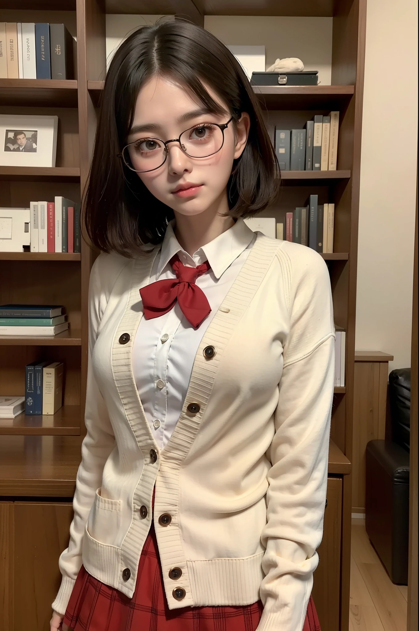 Photo Real、photoRealstic　Dark hair、Short hair、Curled Hair、bangss　drooing eyes、with round face、Plump cheeks、Puffy cheeks、small mouth　eye glasses、Round glasses、Large glasses、Black-rimmed glasses、校服、White shirt、Red tie、Beige cardigan、Red skirt、a short skirt　hi-school girl、、skinny  body、C cup breasts、Soft thighs　Faces close、Staring at this、Grab your own chest wide、Leaning against the bookshelf、Blushing　Background with、bookcase、Timber wall、wood floor、Dark place