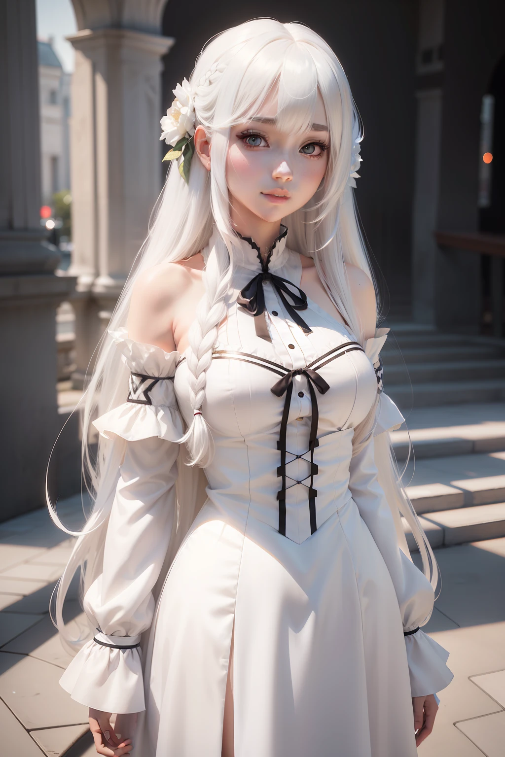 Ala Fed woman in white dress, long white hair and bangs, render of a cute 3d anime girl, photorealistic anime girl render, Larisa Manobal, real life anime girl, Trending on CGSTATION, Portrait of female Korean idol, Anime girl cosplay, with white long hair, with long white hair