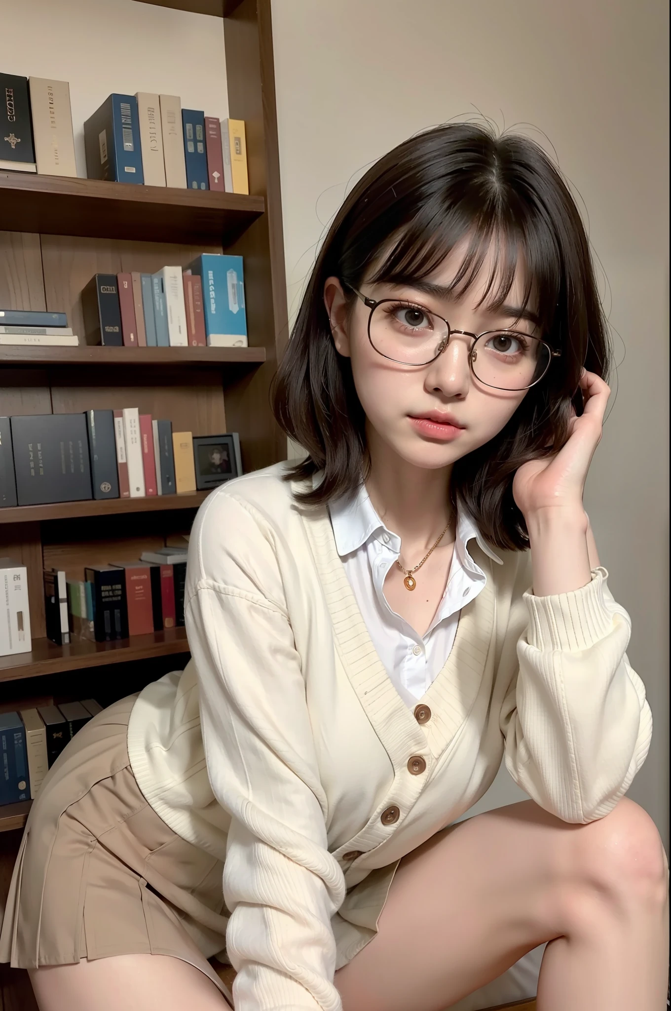 Photo Real、photoRealstic Dark hair、Short hair、Curled Hair、bangss drooing eyes、with round face、Plump cheeks、Puffy cheeks、small mouth eye glasses、Round glasses、Large glasses、Black-rimmed glasses、校服、White shirt、Red tie、Beige cardigan、Red skirt、a short skirt hi-school girl、sixteen years old、skinny body、C cup breasts、Soft thighs Faces close、Staring at this、Grab your own chest wide、Leaning against the bookshelf、Blushing Background with、bookcase、Timber wall、wood floor、Dark place