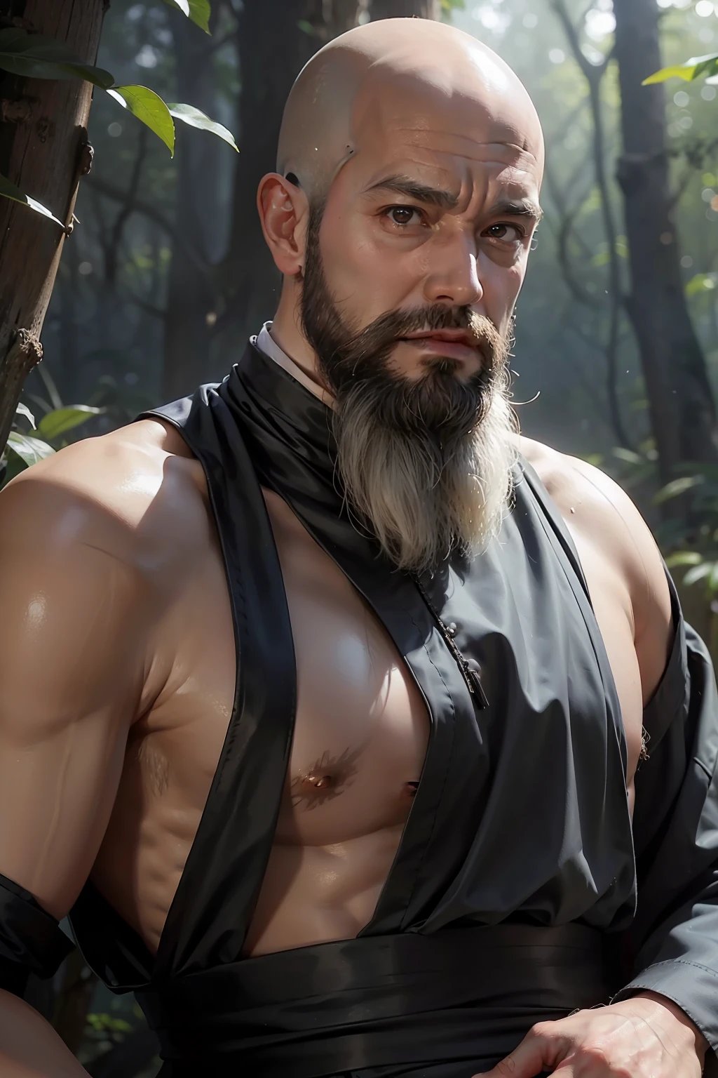 Best picture quality, tmasterpiece, 超高分辨率, Meticulous background, hentail realism, illustration, A boy with，Forest scene, strong muscle, voluminetric lighting, Depth of field effect, close-up all over the body, There is a beard, Monks in shabby clothes, Martial monk image, aged 40， mature, Older，bald-headed，National character face，Strong body，Exercise，sweat leggs，Shirtless，full bodyesbian，perspire。