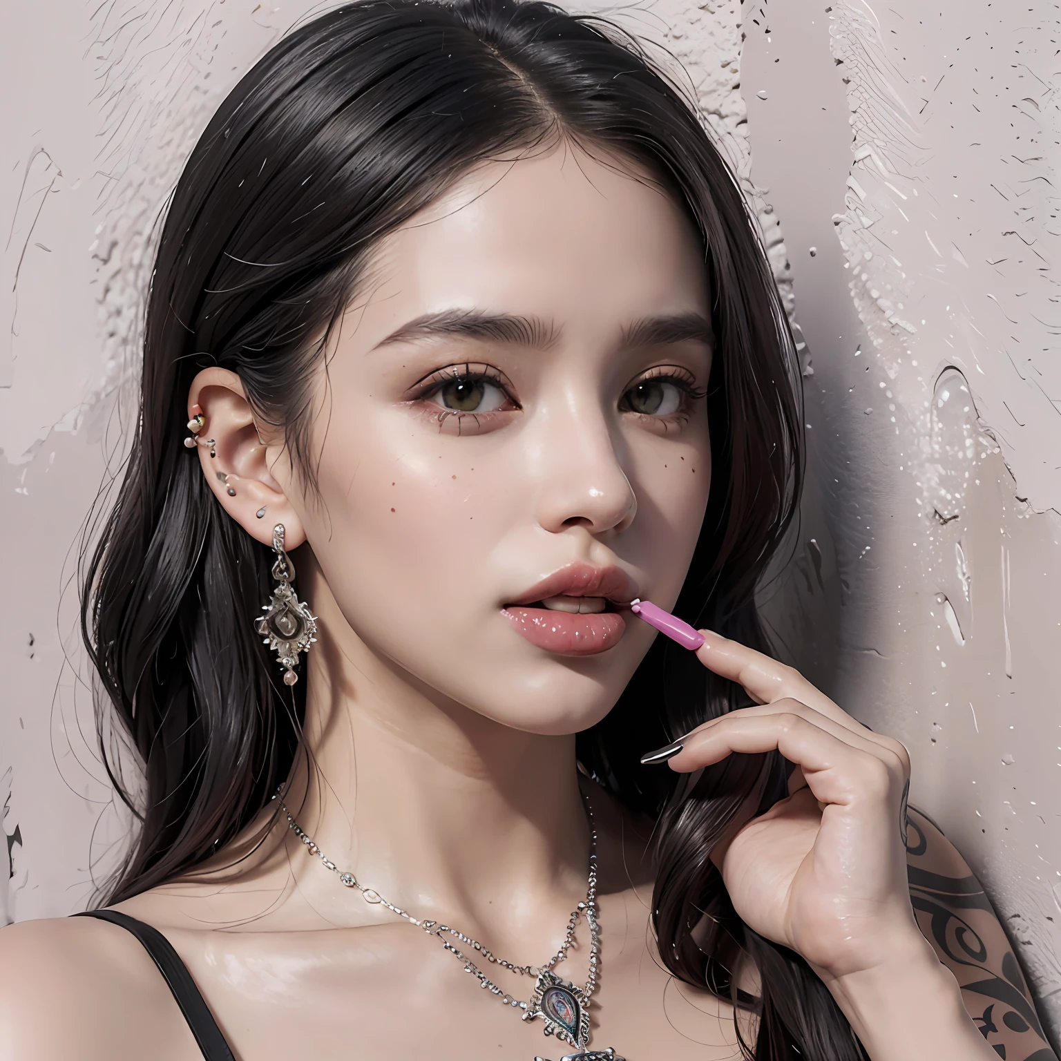 colorful portrait, Best quality, masterpiece, ultra high res, (photorealistic:1.4), (((highly intricate details)), 1girl, (licking a lollipop with hand:1.1), sensual expression, heavy dark makeup, eating, sunny day, leaning head against wall, icy platinum hair, blunt cut, fishnet bralette, beautiful ear rings, beautiful necklace, dark coloured fingernails, (stunning neck tattoo:1.1),