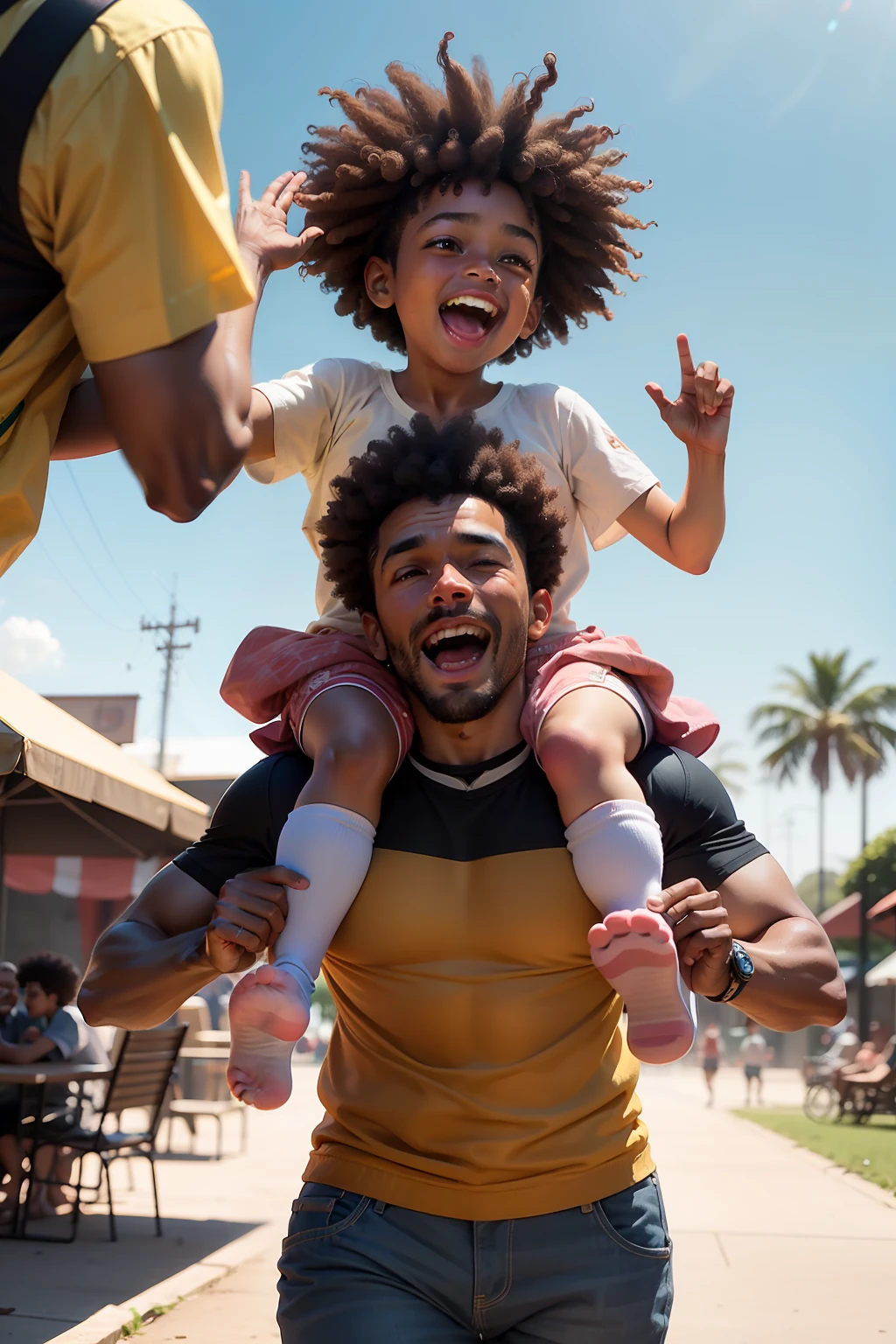 scene of a brazilian father on the left, throwing a 3 year old afro child into the air, both having fun, happy, realistic image, ultra definition, 8k.