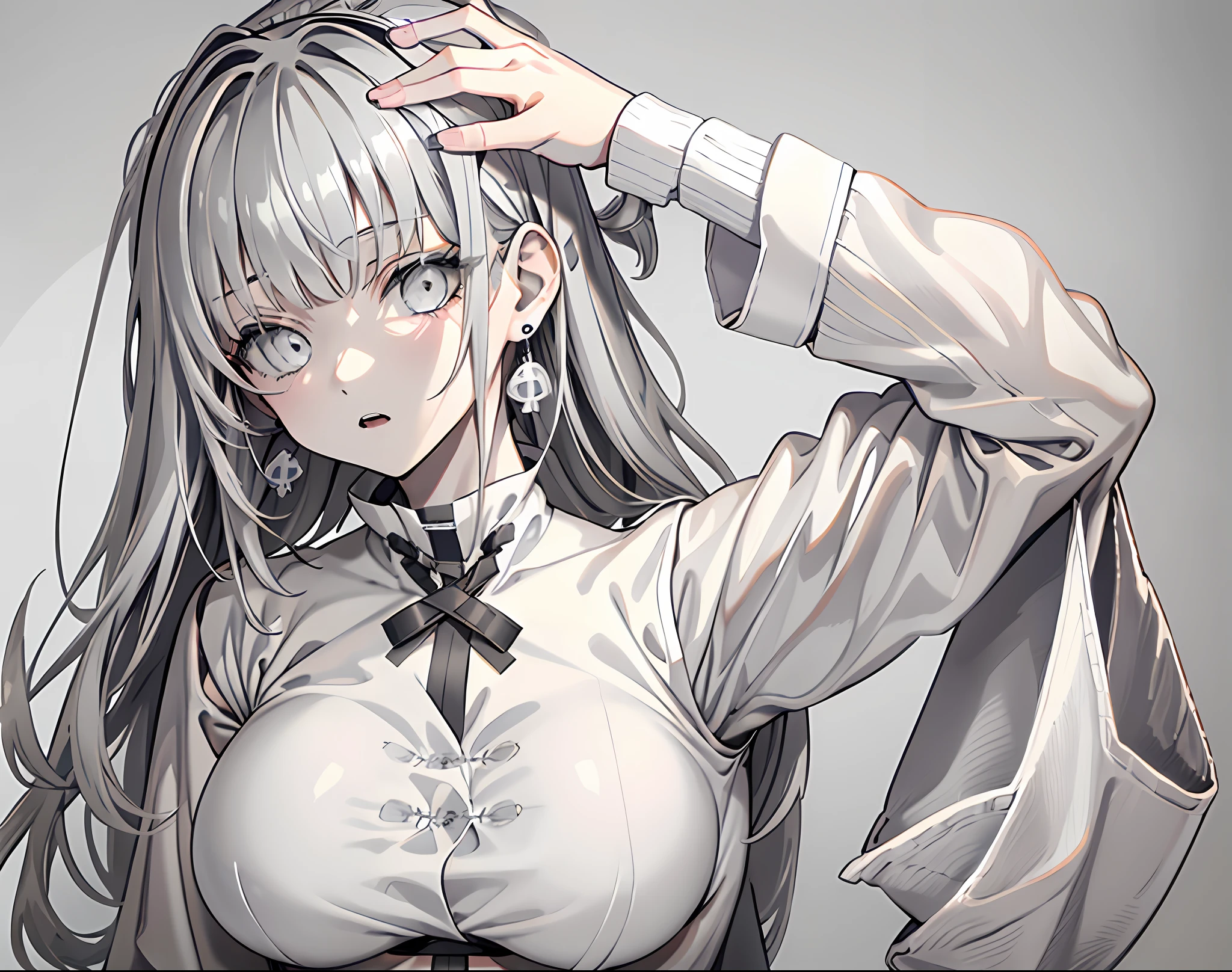 【Highest Quality, masutepiece】 [girl, Manteau, expressioness, Gray eyes, front facing, waved hair, parka, full body] (Gray white background:1.7), (Earring), Sexy face, Beautiful eyes, lovely large breast, bared tits