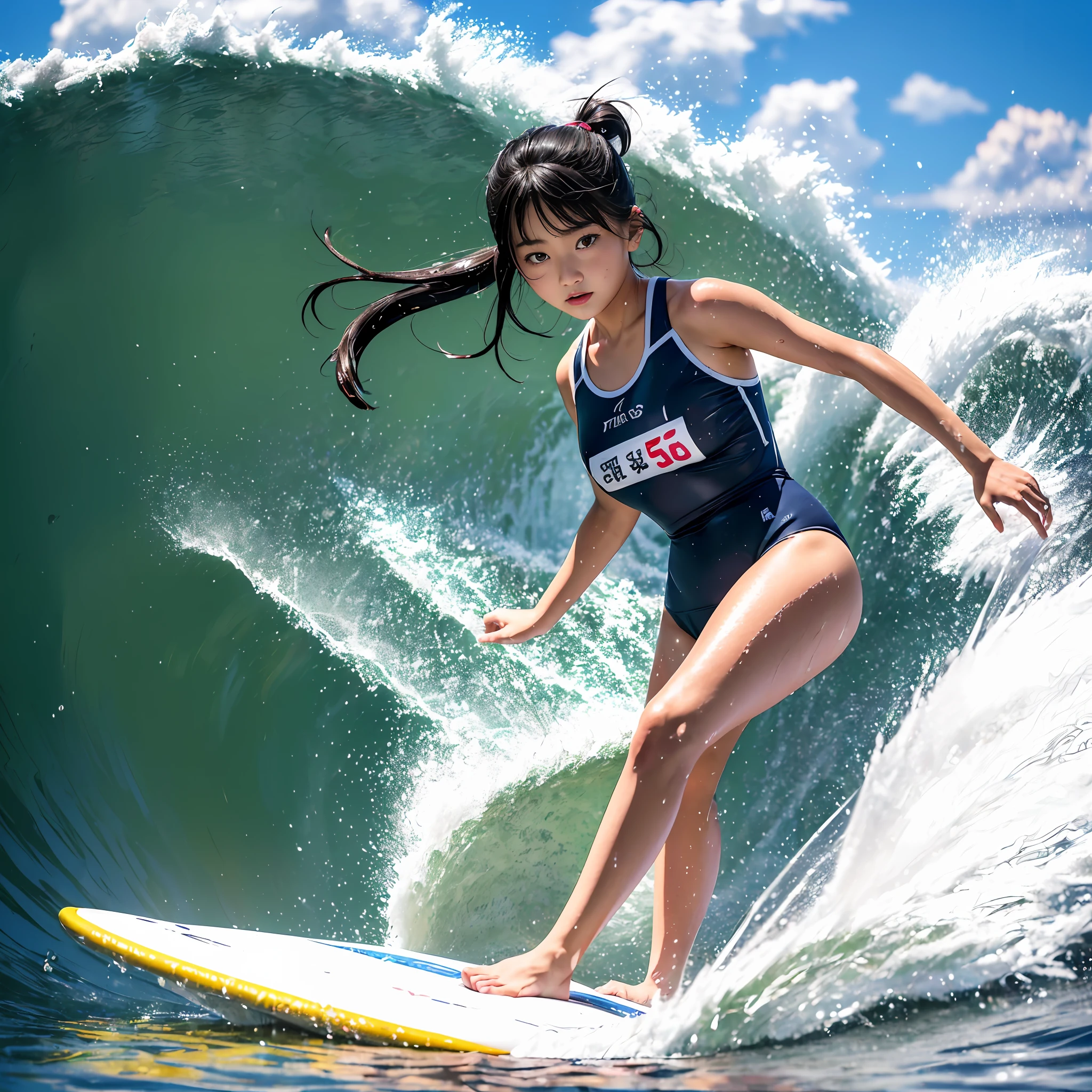 (8K、RAW Photos、top-quality、​masterpiece:1.2)、(realisitic、Photorealsitic:1.37)、ultra-detailliert、超A high resolution、Attractive 17 year old Japan woman surfing、Teen、A dark-haired、poneyTail、small tits、Wearing a school swimsuit、splash water、mare、Big waves