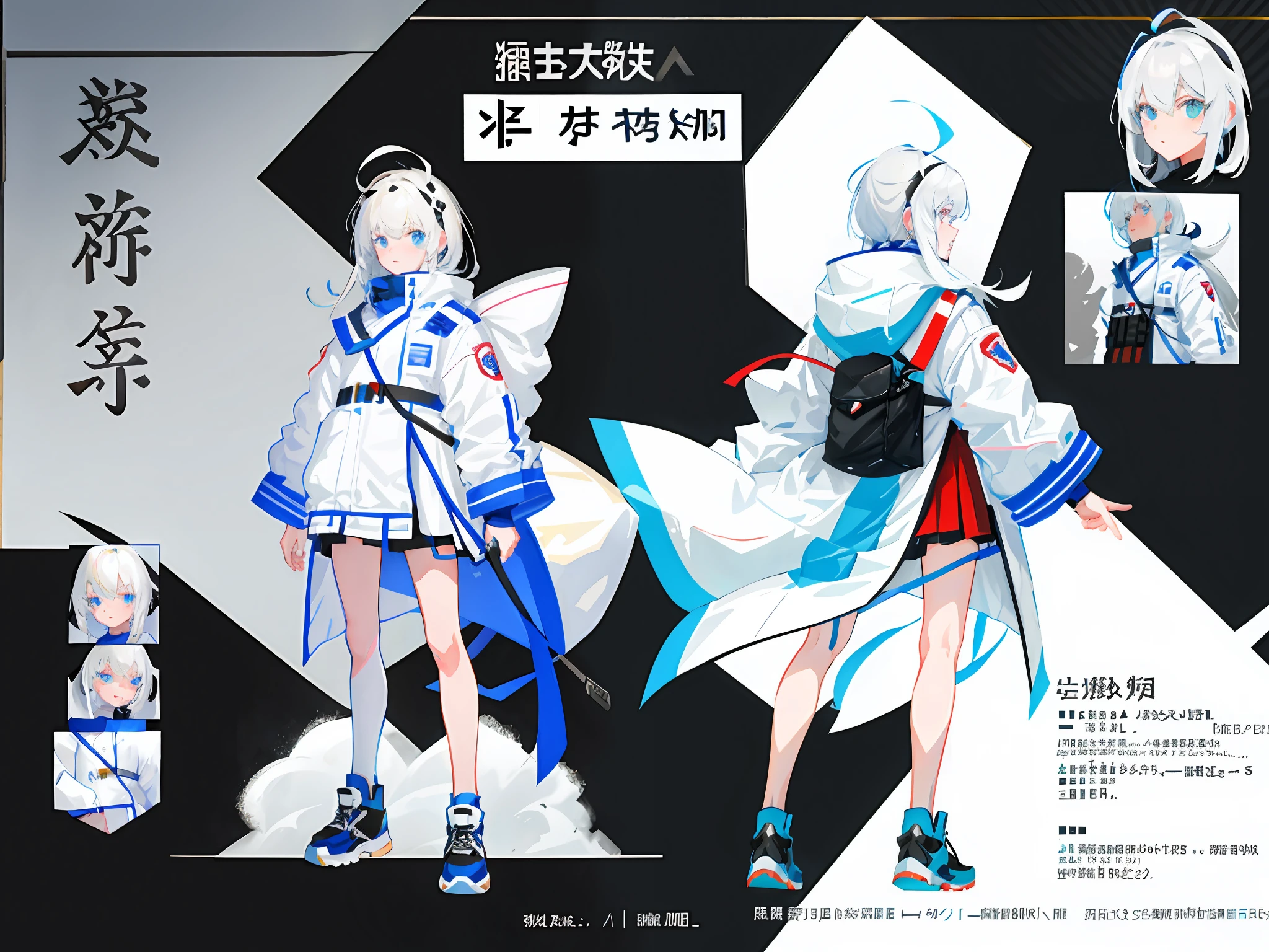 highr， White padded jacket，White color hair，White eyes，standing on your feet，assault rifle，Chinese girl design，Genshin detailed art，Anime character design，anime concept art，pretty anime character design，anime character reference sheet，[character  design]，