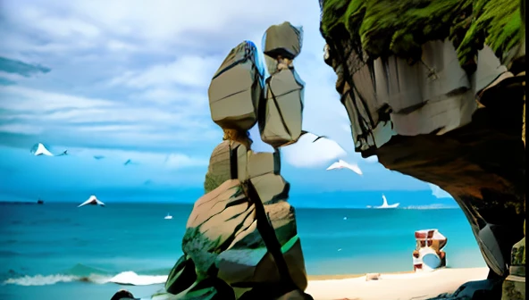 sandbeach,Gobi,Boulders,the ocean,Boulder block cave,seagulls,Realistic scenery