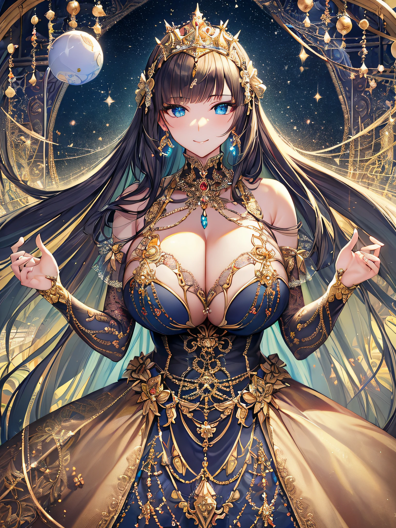 ((anime artstyle)),(Masterpiece),(Best Quality), (Super Detail),((Very Delicate and Beautiful)),((Solo)),((full body)),(((1 princess in beautiful embroidery and jeweled extremely gorgeous ball gown with voluminous skirt))),Gorgeous jewelry ornaments,detailed face and eyes,jewel-like eyes,(seductive smile),((extremely voluminous Very Long Hair,Straight Hair)),((extremely gigantic tits,Long tits)),curvy,skindentation,(gorgeousfull embroidery and lace),gorgeous corsage,See-through,extremely gorgeousfull hair ornament,extremely gorgeousfull glitter jeweled tiara,ornate ruffles,((full body)),((hoop skirt,crinoline)),Dynamic Angle,Looking at viewer,((beautiful embroidery and jeweled extremely gorgeous ball gown with voluminous skirt)),full body