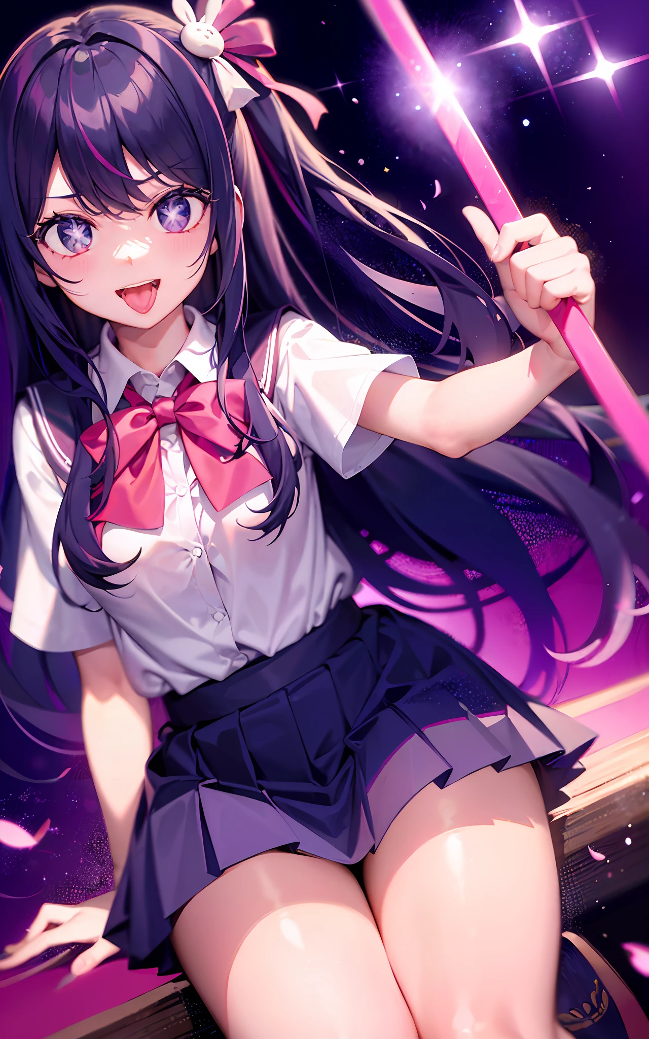 1girll,((There is a five-pointed star in the eye))Gorgeous Hair in Long Purple,Smile,Open mouth,wink,Stick out your tongue,JK school uniform,sunraise