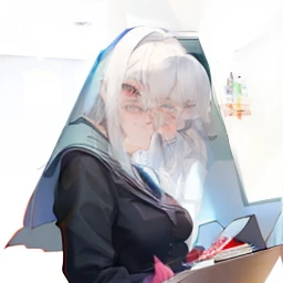 medium breasts, Sexual turn, one-girl, The color of the girl, largeeyes, white hair,Long hair,(tmasterpiece,best qualtiy:1.3),Wear your school uniform