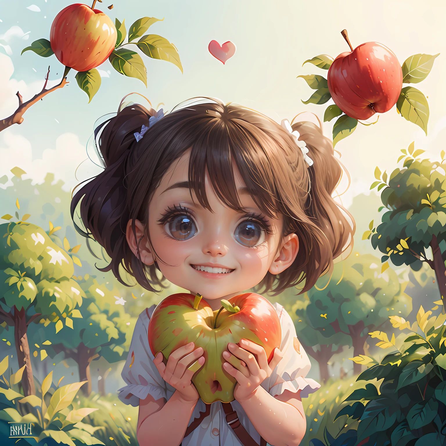 The girl smiled and hugged the heart-shaped red apple, There are lush apple trees in the back,Beautiful blue sky and warm sun in background.