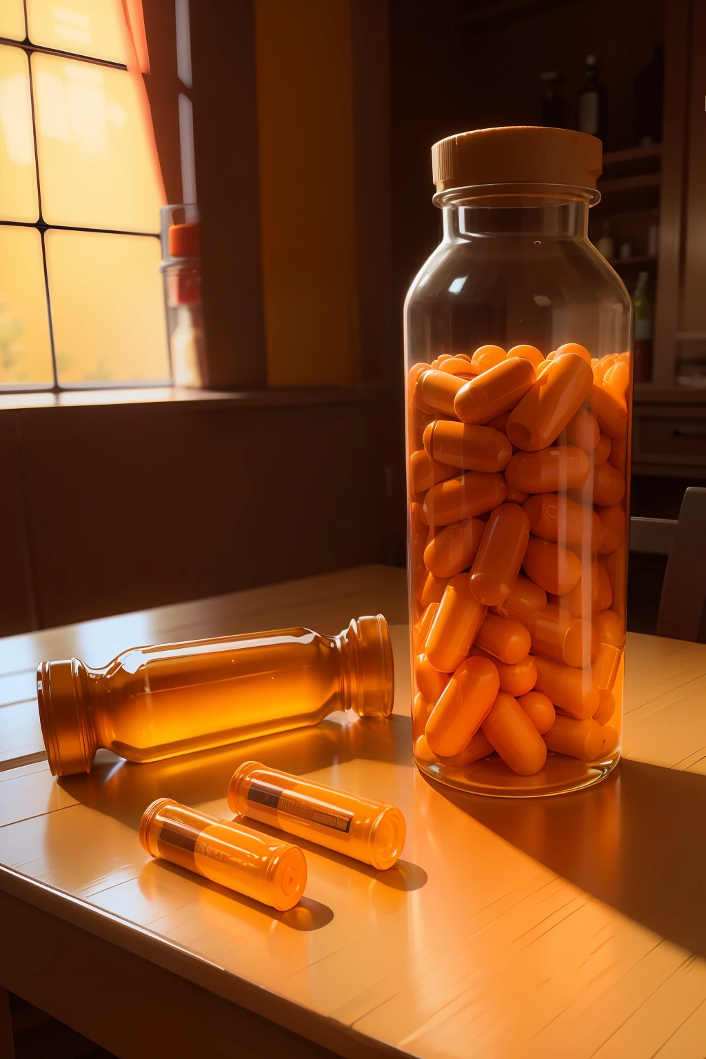 orange bottle of pills, on the table