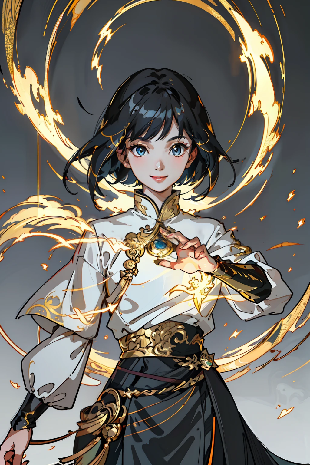 (Masterpiece, Best quality;1.3), Extremely detailed ,Ultra detailed,  1girll,Solo,  view the viewer, Smile,
 Black hair, Bob cut, White skin,Rou Jinzhi, Electric arcs and sparks, gold aura, blue lightning,
 gold background, gold city, the roof,