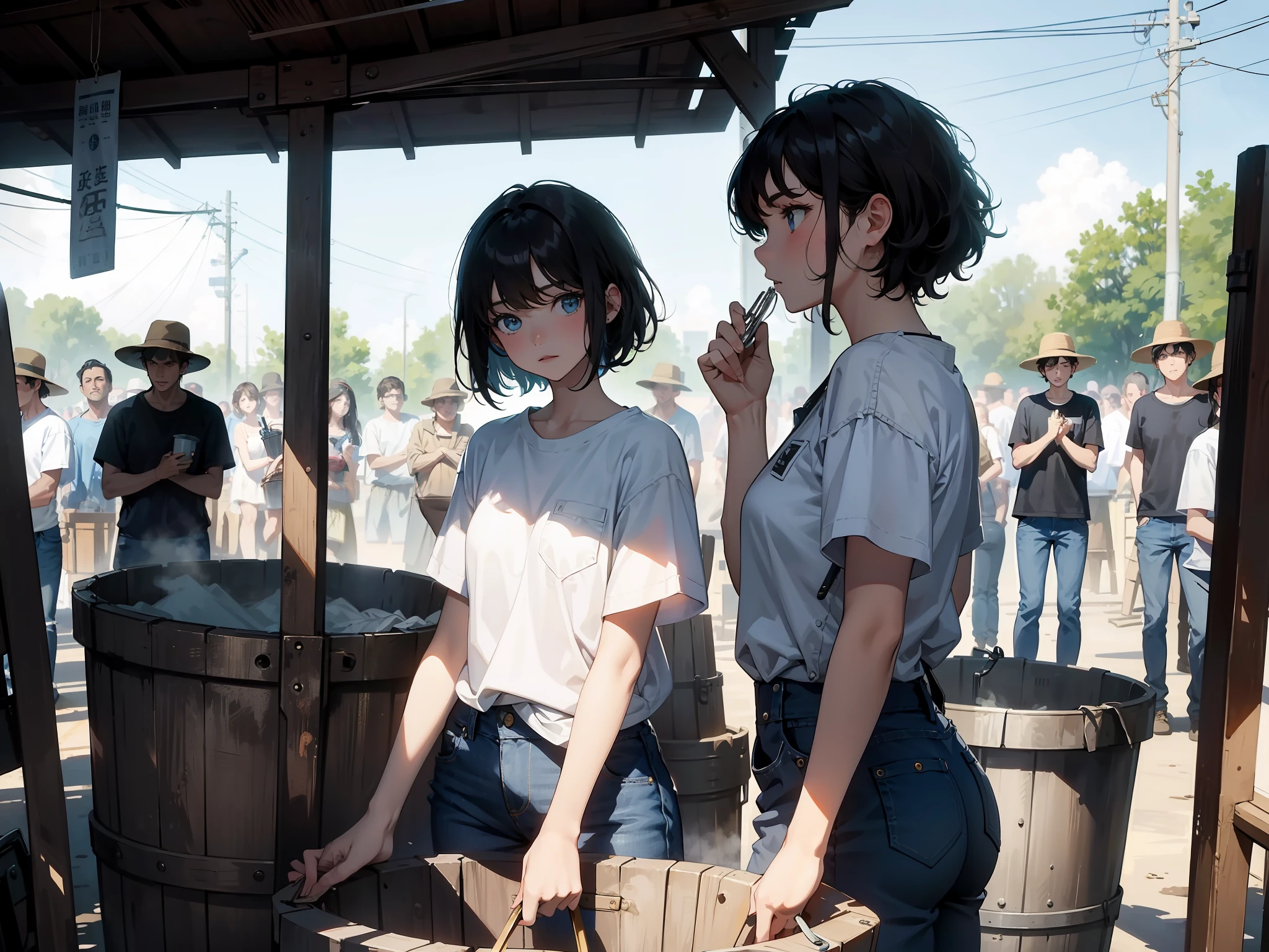 Masterpiece, Best quality，At the factory gate，Crowds with buckets in hand，1girll，with short black hair，White T blue jeans，With an iron bucket，Look into the distance，