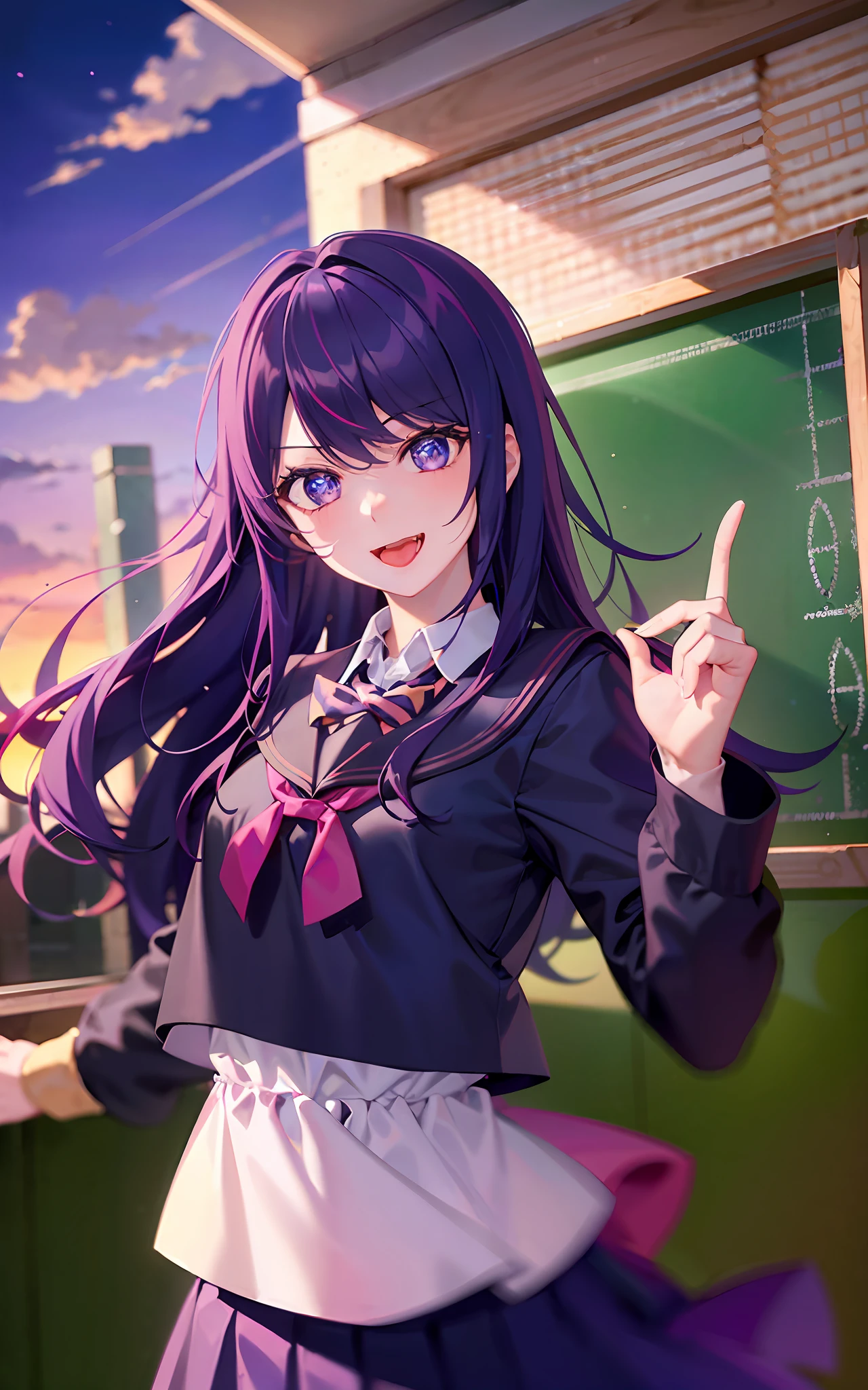 1girll,((There is a five-pointed star in the eye))Gorgeous Hair in Long Purple,Smile,Open mouth,wink,Stick out your tongue,JK school uniform,sunraise