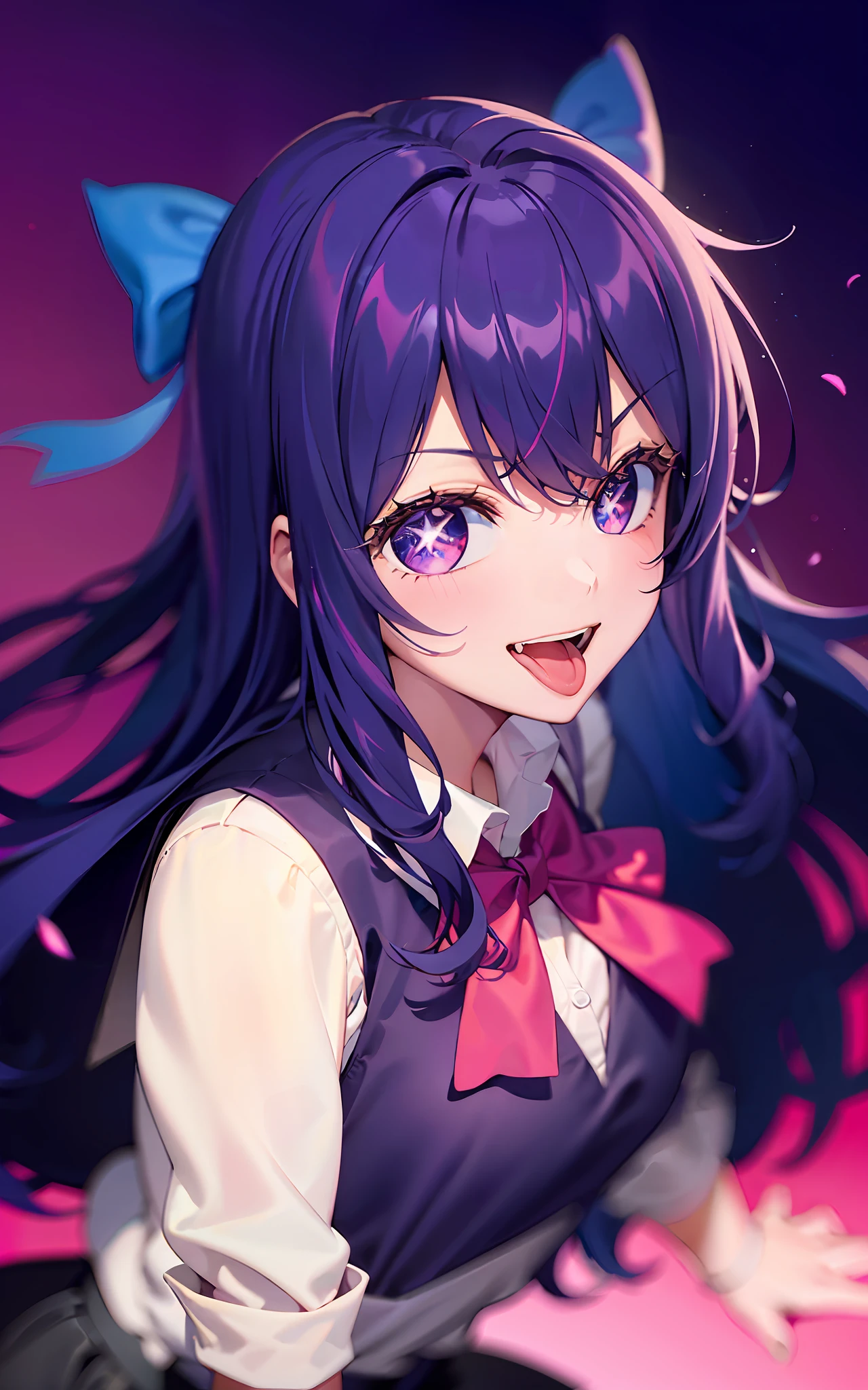 1girll，（（There is a five-pointed star in the eye））Gorgeous Hair in Long Purple，Smile，Open mouth，wink，Stick out your tongue，JK school uniform，sunraise