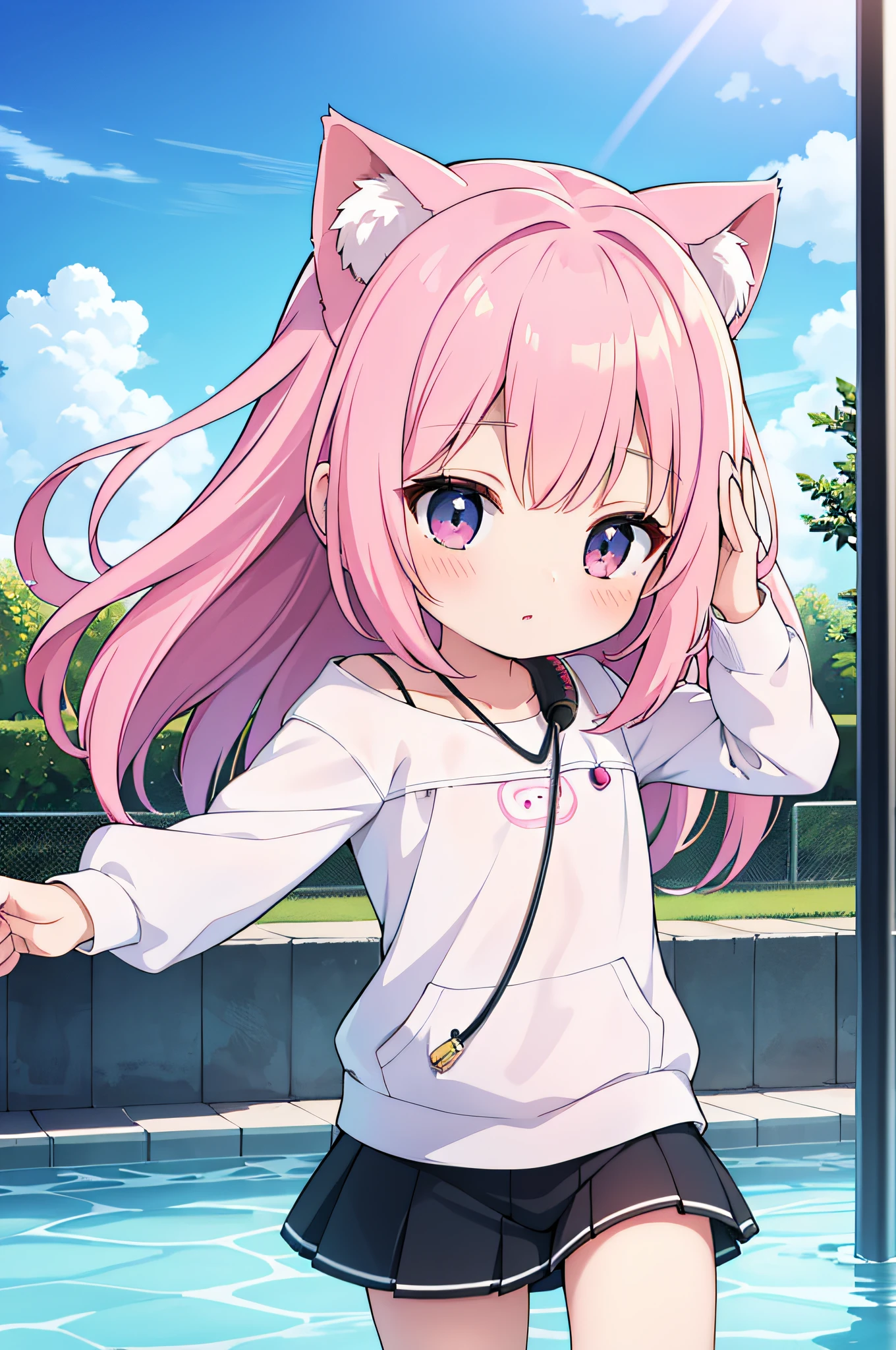 masterpiece, best quality, ultra-detailed, watercolor, gradation, pool, a ***********, child, solo, princess, beautiful pink hair, beautiful black eyes, beautiful eyes, cat ears, headphone, wind effect