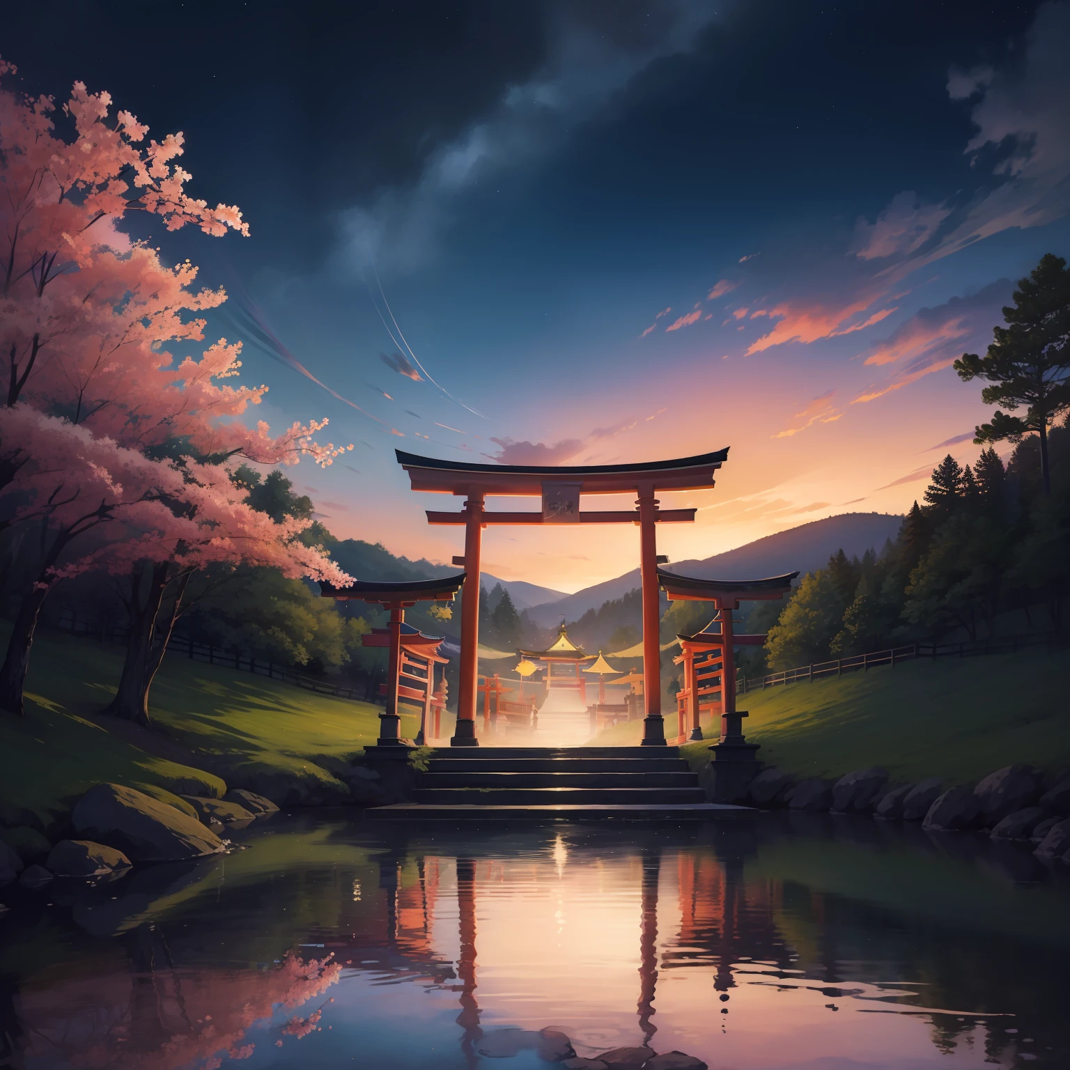 watercolor paiting(Beautifully Aesthetic:1.2)、Eau、liquids、natta、colourfull、natta、beautiful night、starrysky、Fantastic night、Large torii gate、There is hope beyond the torii gate、Full of light、There is a girl at the end of the torii gate、Black kimono、(Half black and half red hair)