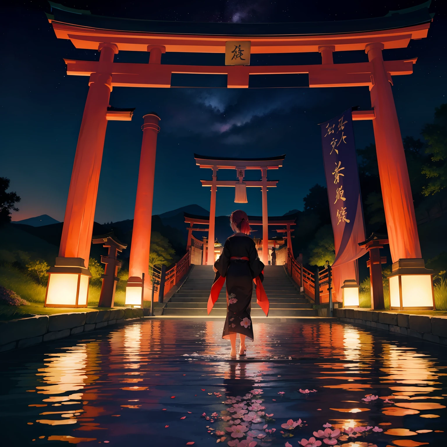 watercolor paiting(Beautifully Aesthetic:1.2)、Eau、liquids、natta、colourfull、natta、beautiful night、starrysky、Fantastic night、Large torii gate、There is hope beyond the torii gate、Full of light、There is a girl at the end of the torii gate、Black kimono、（Half black and half red hair）