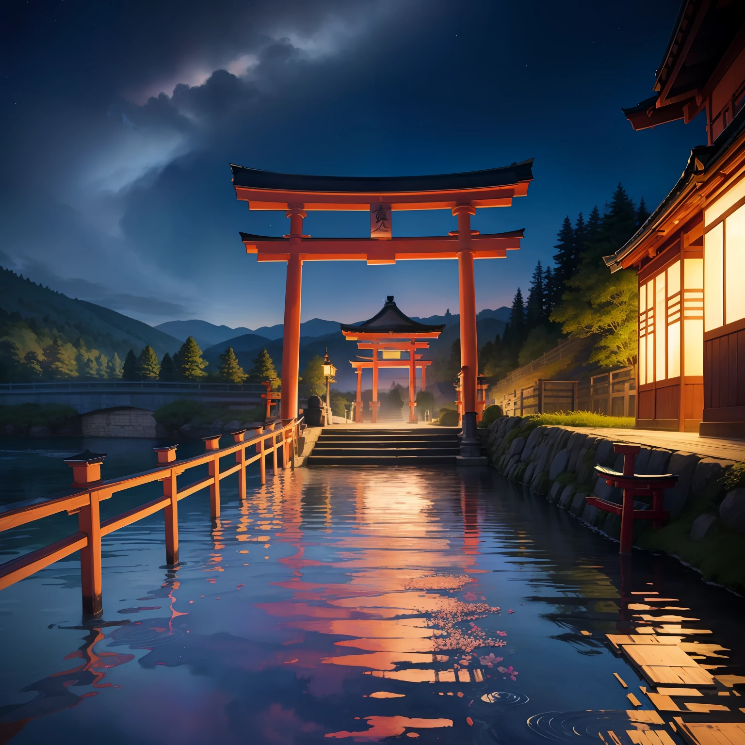 watercolor paiting(Beautifully Aesthetic:1.2)、Eau、liquids、natta、colourfull、natta、beautiful night、starrysky、Fantastic night、Large torii gate、There is hope beyond the torii gate、Full of light、There is a girl at the end of the torii gate、Black kimono、（Half black and half red hair）