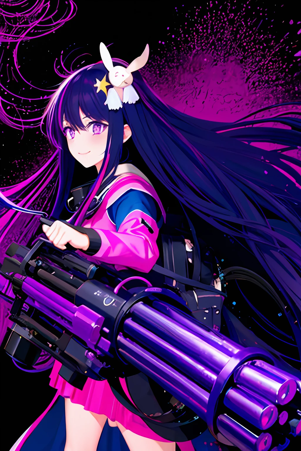 Hoshino Ai, long hair, purple hair, streaked hair ,purple eyes, star-shaped pupils, hair ornament, gatling gun firing