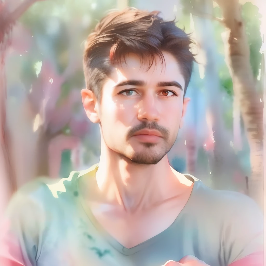 (a watercolor and pencil drawing of an incredibly handsome 31-year-old man with short dark brown hair, red-lips, olhos castanhos, corpo magro em forma, cores vivas, background with blue sky and trees