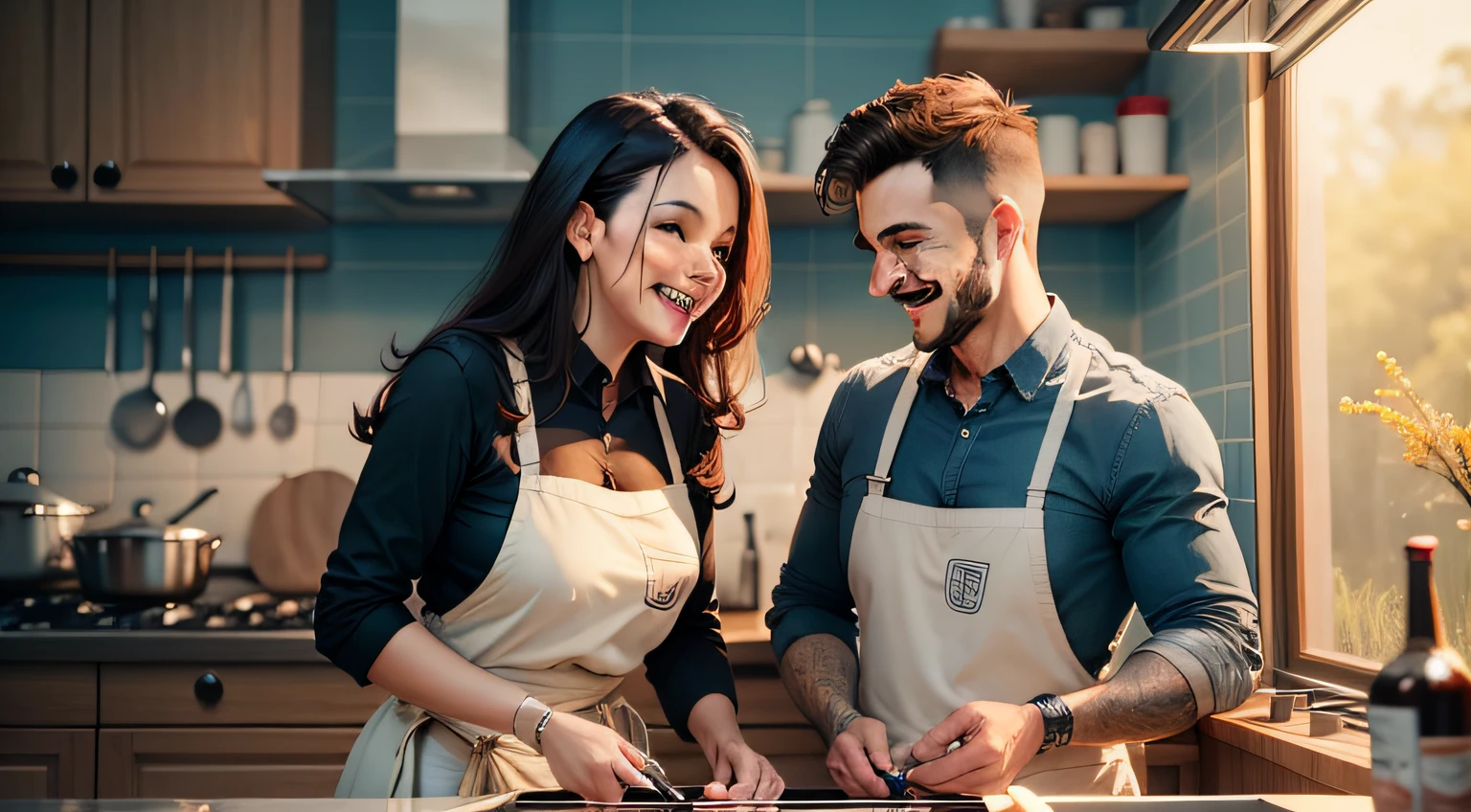 Um casal cozinhando juntos na cozinha, rindo e conversando.