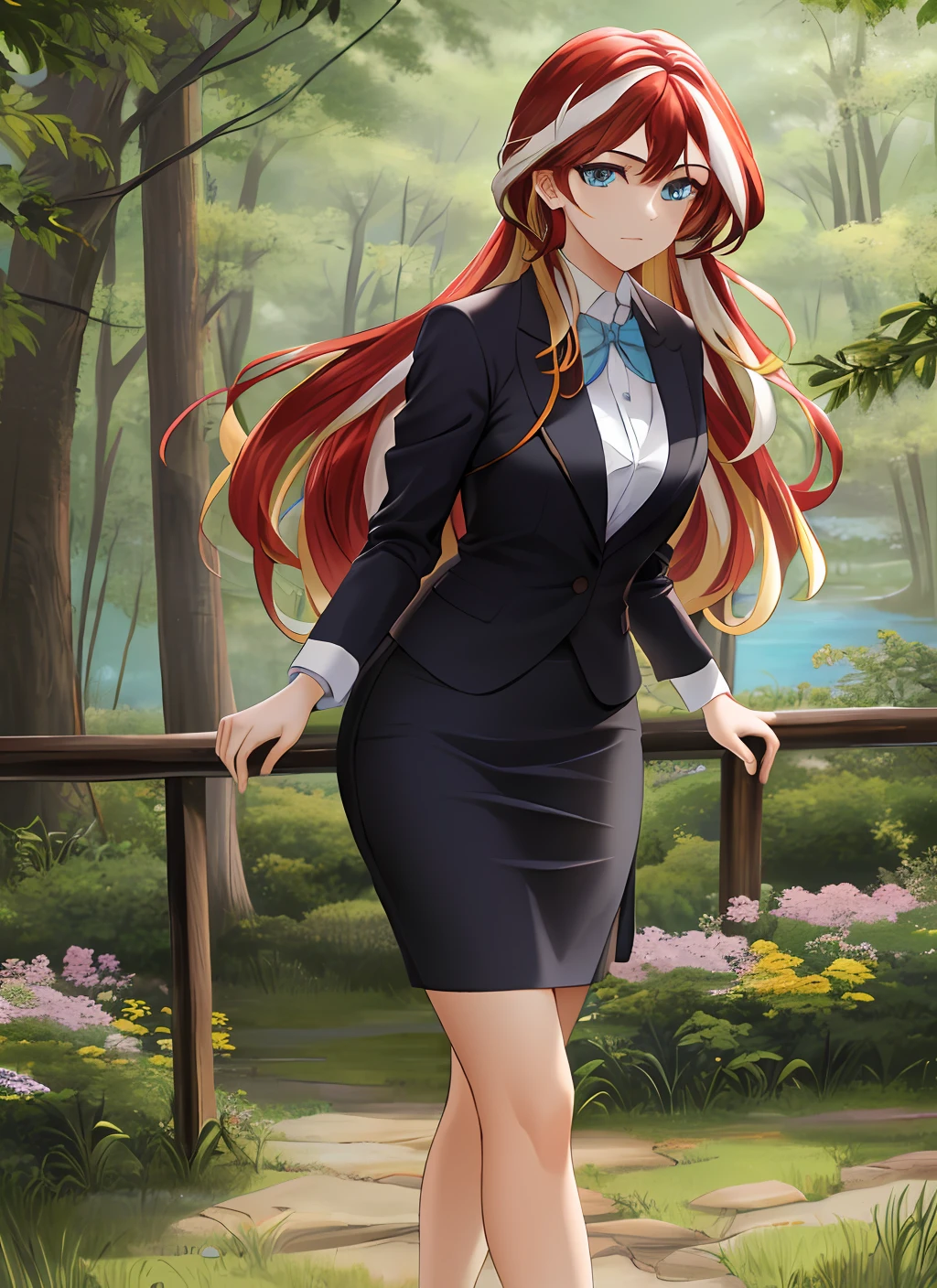 ((best quality)), ((highly detailed)), masterpiece, (detailed eyes, deep eyes), (1girl), cowboy shot, SunsetHuman, (multicolored hair, (two-tone hair:1.1), red and blonde hair), BREAK, aqua eyes, skirt suit, pencil skirt, tight skirt, high heels, full body
