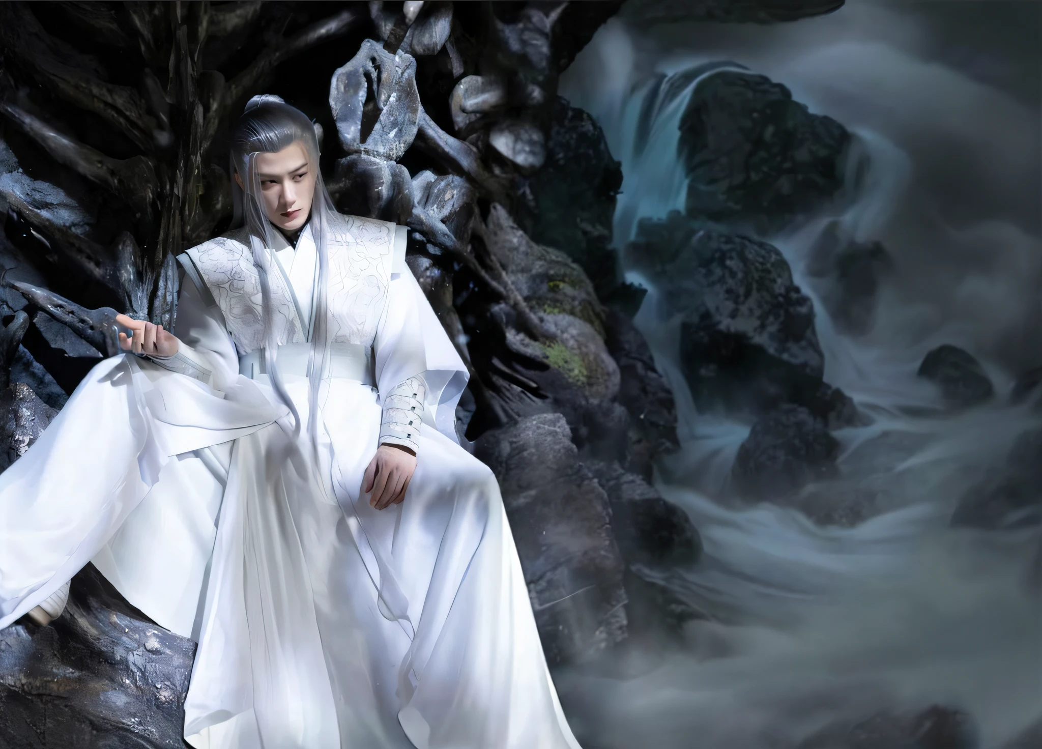 The white-robed Arafard man sits on a rock with a sword, Cai Xukun, Long, smooth white hair, with long white hair, White Hanfu, long white hair, flowing white robe, xianxia fantasy, heise jinyao, Inspired by Zhang Han, wearing long silver robes, long white cape, Inspired by Seki Dosheng