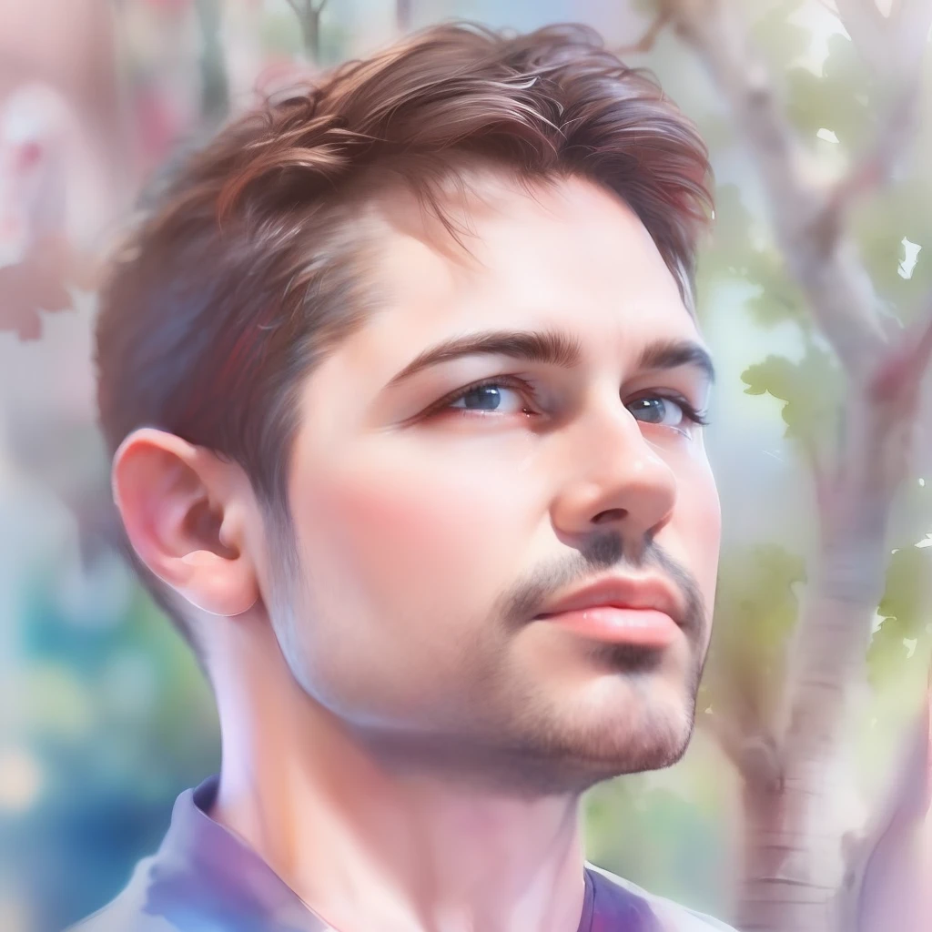 (a watercolor and pencil drawing of an incredibly handsome 31-year-old man with short dark brown hair, red-lips, olhos castanhos, corpo magro em forma, cores vivas, background with blue sky and trees