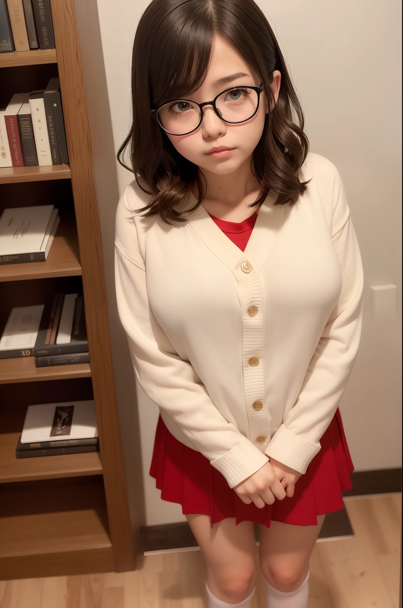 Photo Real、photoRealstic Dark hair、Short hair、Curled Hair、bangss drooing eyes、with round face、Plump cheeks、small mouth eye glasses、Round glasses、Big glasses、Black-rimmed glasses、校服、White shirt、Red tie、Beige cardigan、Red skirt、a short skirt hi-school girl、、skinny body、Soft thighs Faces close、Staring at this、Boldly grab your own chest、Leaning against the bookshelf、Blushing Background with、bookcase、Timber wall、wood floor、Dark place