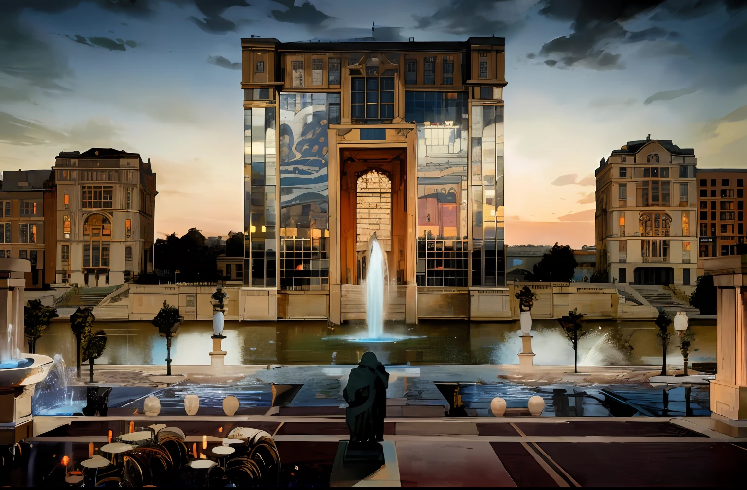 there is a fountain in front of a building with a fountain in the middle, by Fabien Charuau, by Etienne Delessert, by Cedric Peyravernay, by Raphaël Collin, high quality photos, rtx reflections, beautiful rtx reflections, by Pierre Laffillé, epic and stunning, fountain in the middle, architecture photography