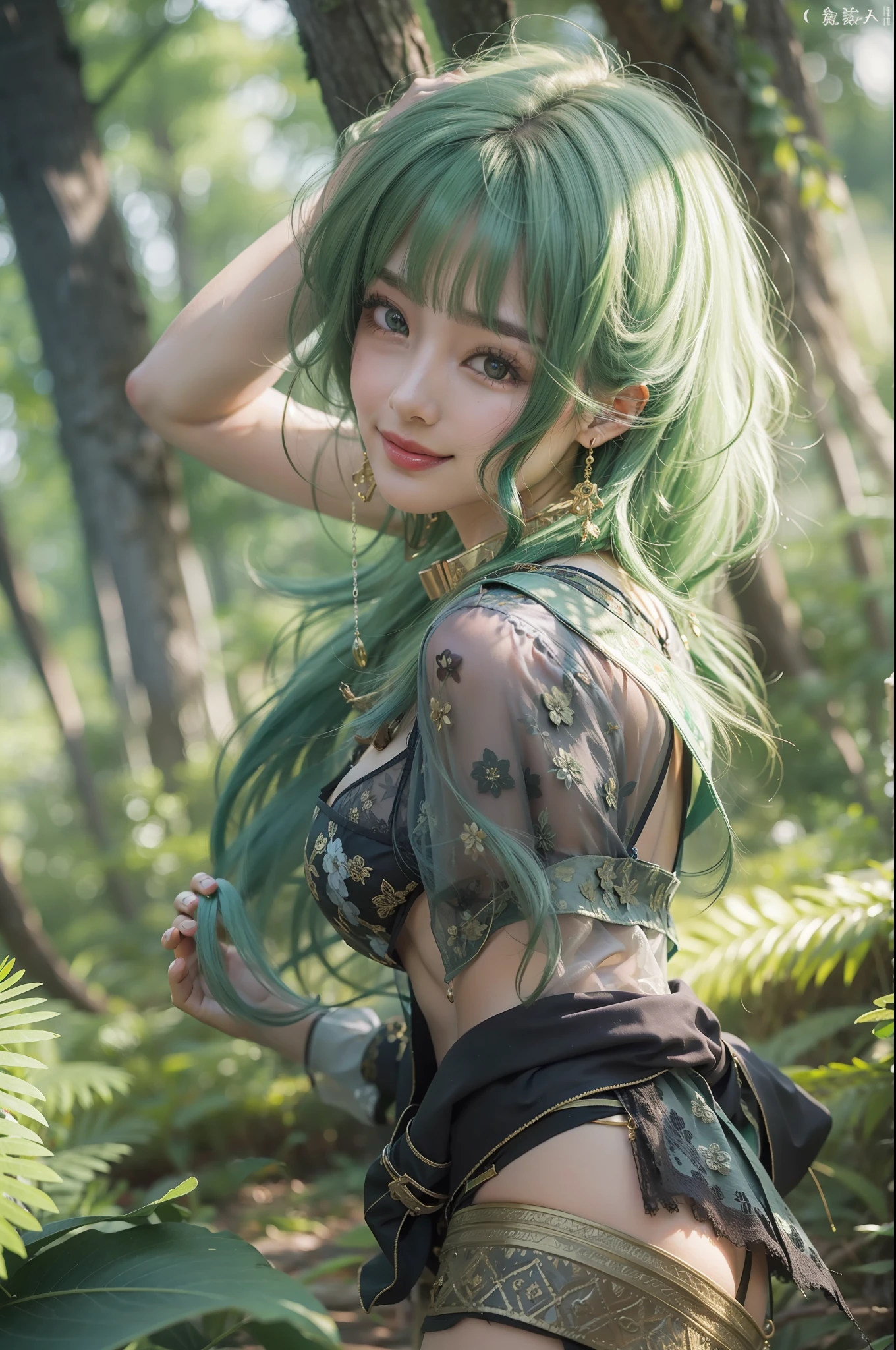 high-level image quality、8K、hightquality、bvery pretty woman、Green hair、a smile、large full breasts、In the forest、Sunlight、kirakira、bear