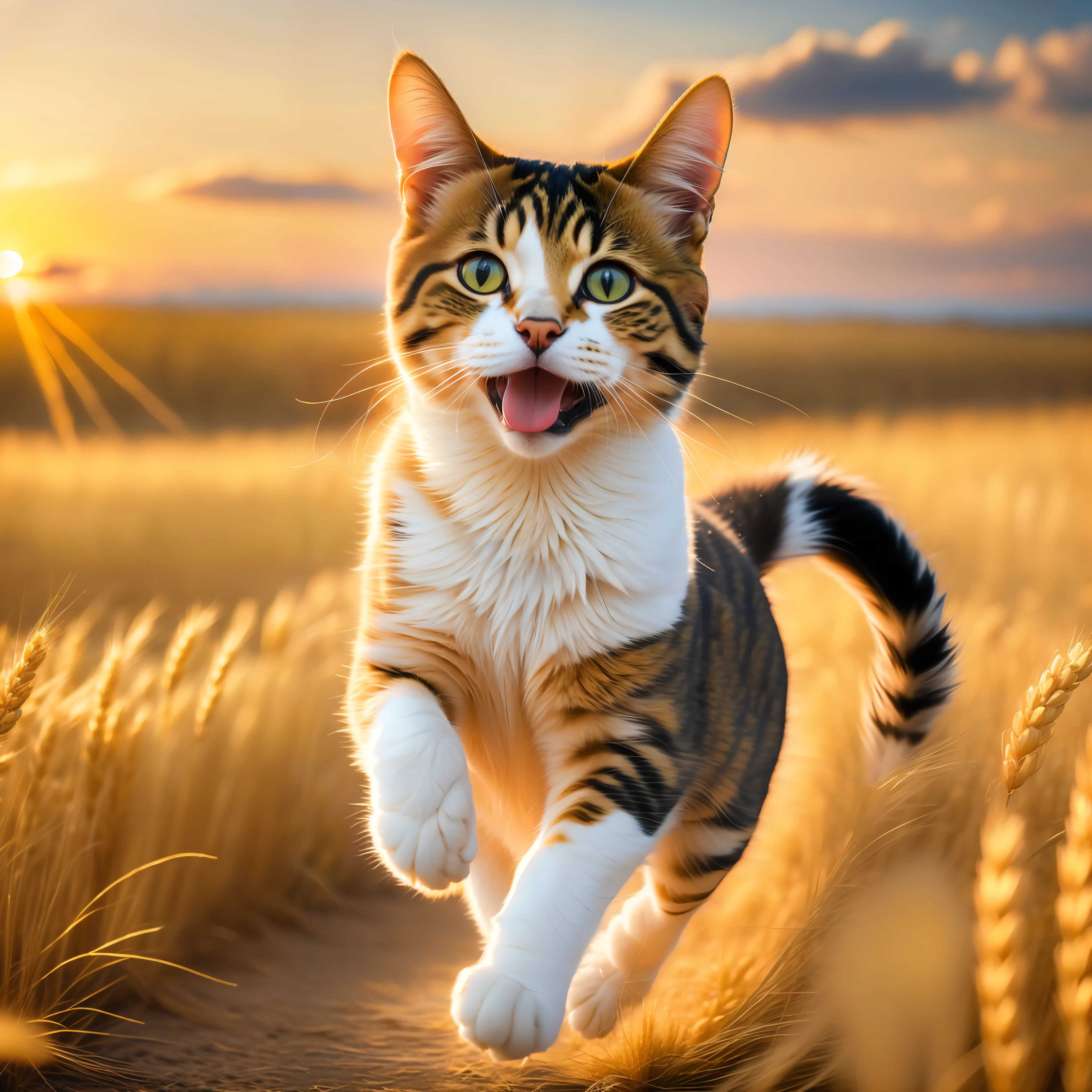 Photo of a very cute cat running in a golden wheat field, facing the camera, showing his tongue and smiling, sunset sky, white clouds, soft volumetric light, (backlight: 1.3), (movie: 1.2), intricate details, (ArtStation: 1.3), Rutkowski