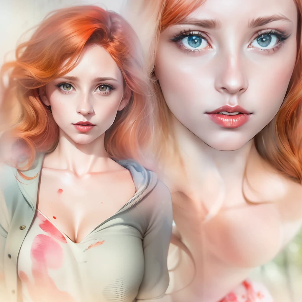 (a watercolor and pencil drawing of an incredibly beautiful 25-year-old woman with wavy red hair, red-lips, olhos cor de mel, sexy, corpo magro em forma