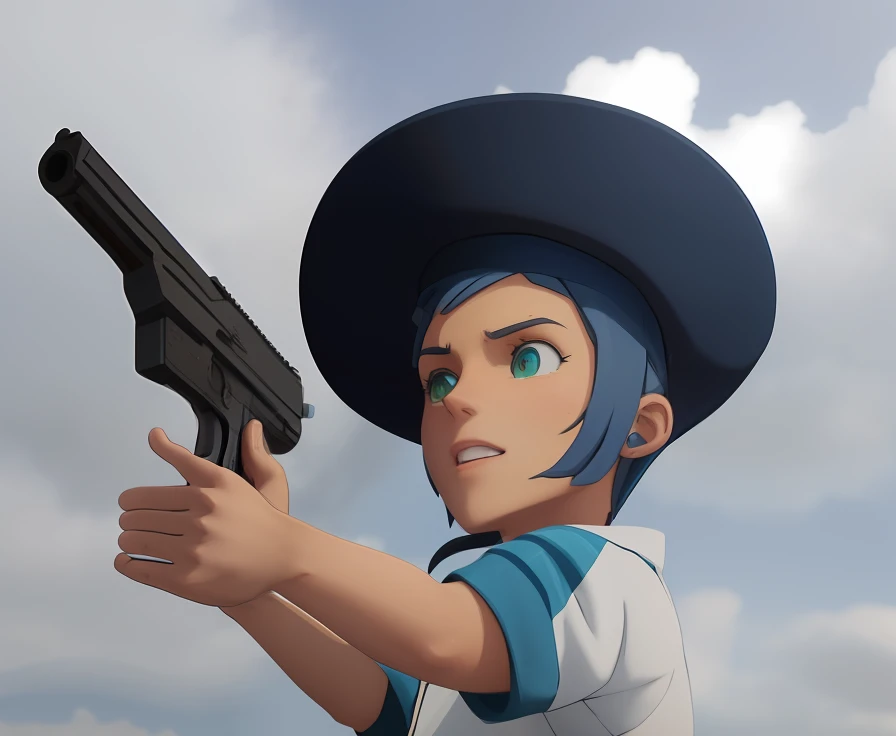 There's a cartoon character holding a gun in his hand and shooting, Drawn as detailed 2D manga anime, Iconic character of high detail, Avatar da parte superior do corpo, avatar Roblox, ele tem uma pistola, Avatar de videogame, in game render, 2 d demo carretel avatar, Described as a 2d rendering, segurando uma arma de raio, inspirado em Walther Jervolino, realismo no estilo de jogo fornite, Pistoleiro