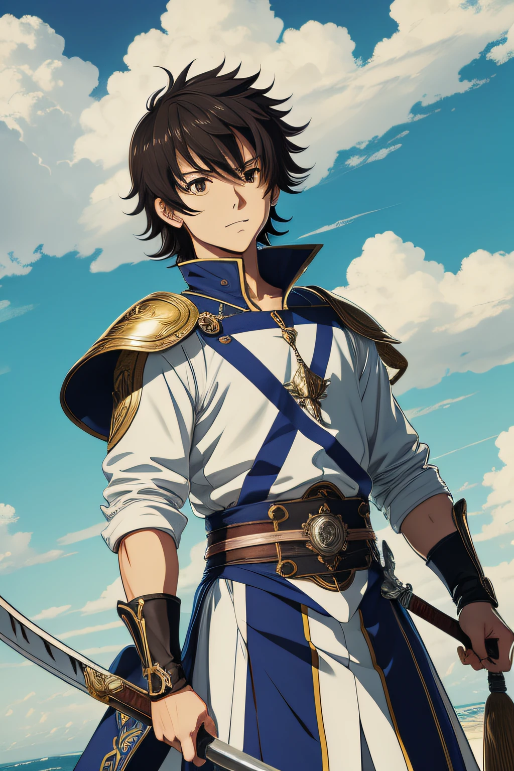 estilo anime, estilo baki, 1 menino, cabelo curto, cabelo escuro, sorrindo, Looking Up The Sky, andando para frente, armadura de couro, espada na bainha, cachorro do lado, caminho com estrada de trilha, arvores aos arredores.
