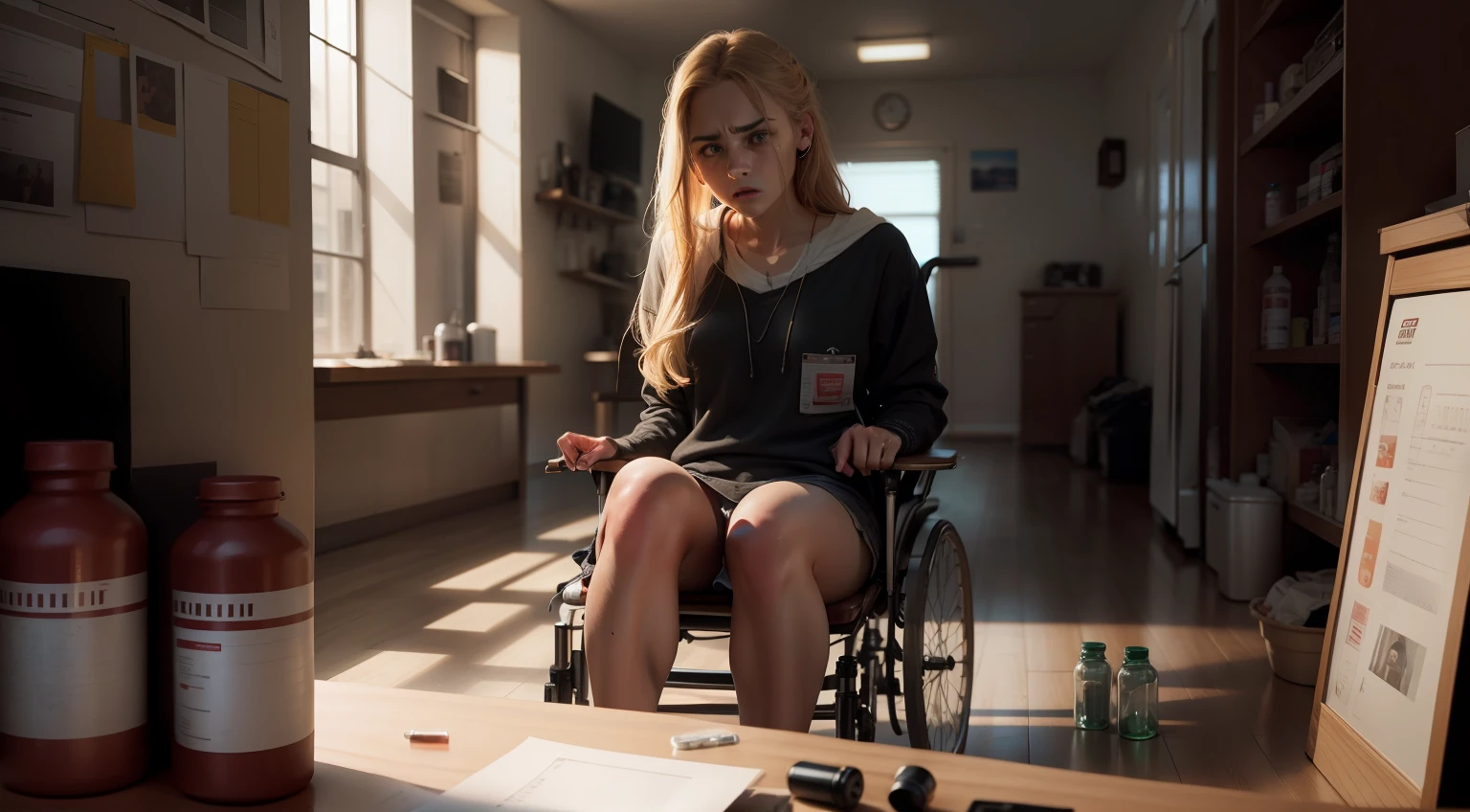 Realistic, his face expressing a clear sense of fear and worry, She notices a pill bottle placed right in front of her on a table, Realistic, hyper realistic,