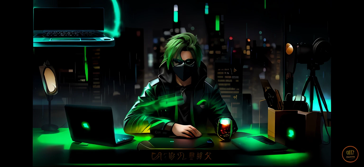 Change the character to a man with green hair and a mask , and the laptop to black laptop