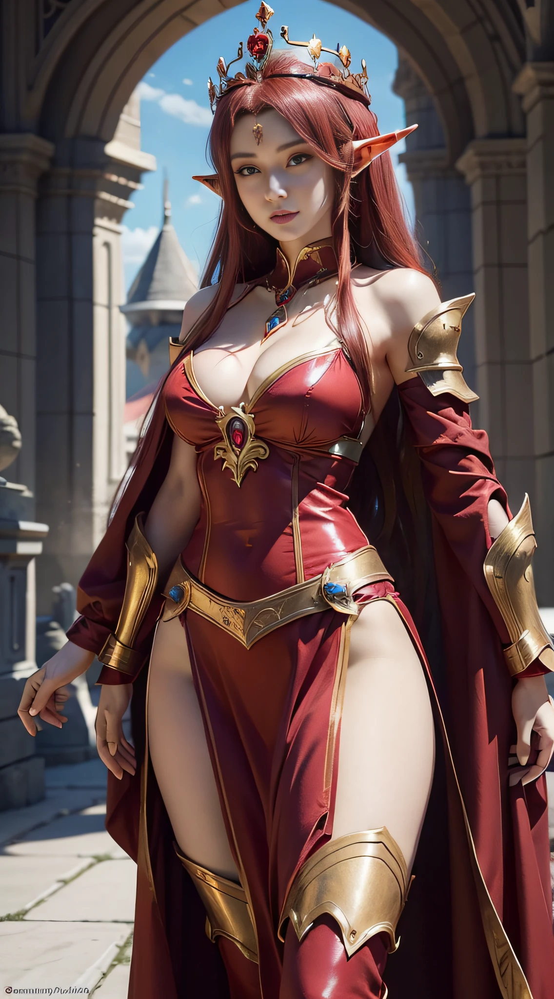 One wearing a red dress，Woman with a crown on her head, Gorgeous Role Play, fantasyoutfit, samira from league of legends, cinematic goddess body shot, alluring elf princess knight, beautiful and elegant elf queen, lady in red armor, beautiful elegant demon queen, fantasy style clothing, Anime girl cosplay, warrior costume, cosplay, ornate bikini armor