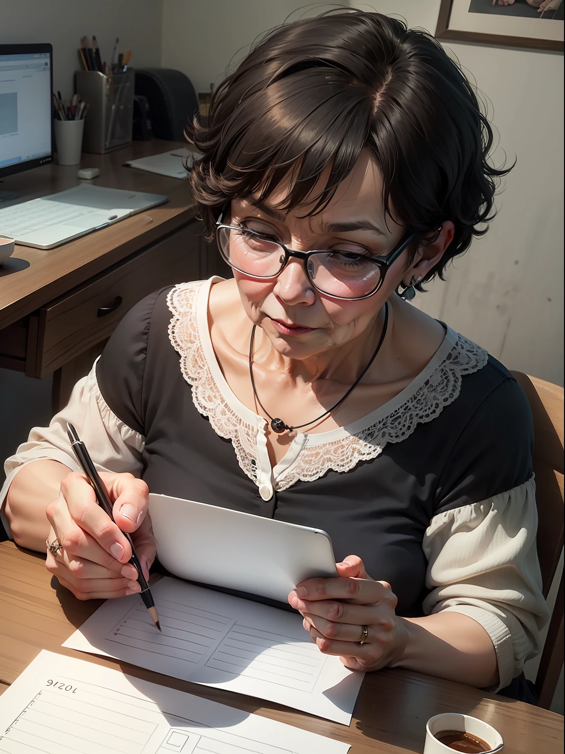60-year-old mother-in-law with short hair,At a small table at home,Draw with a computer,Black glasses, Card ventilation