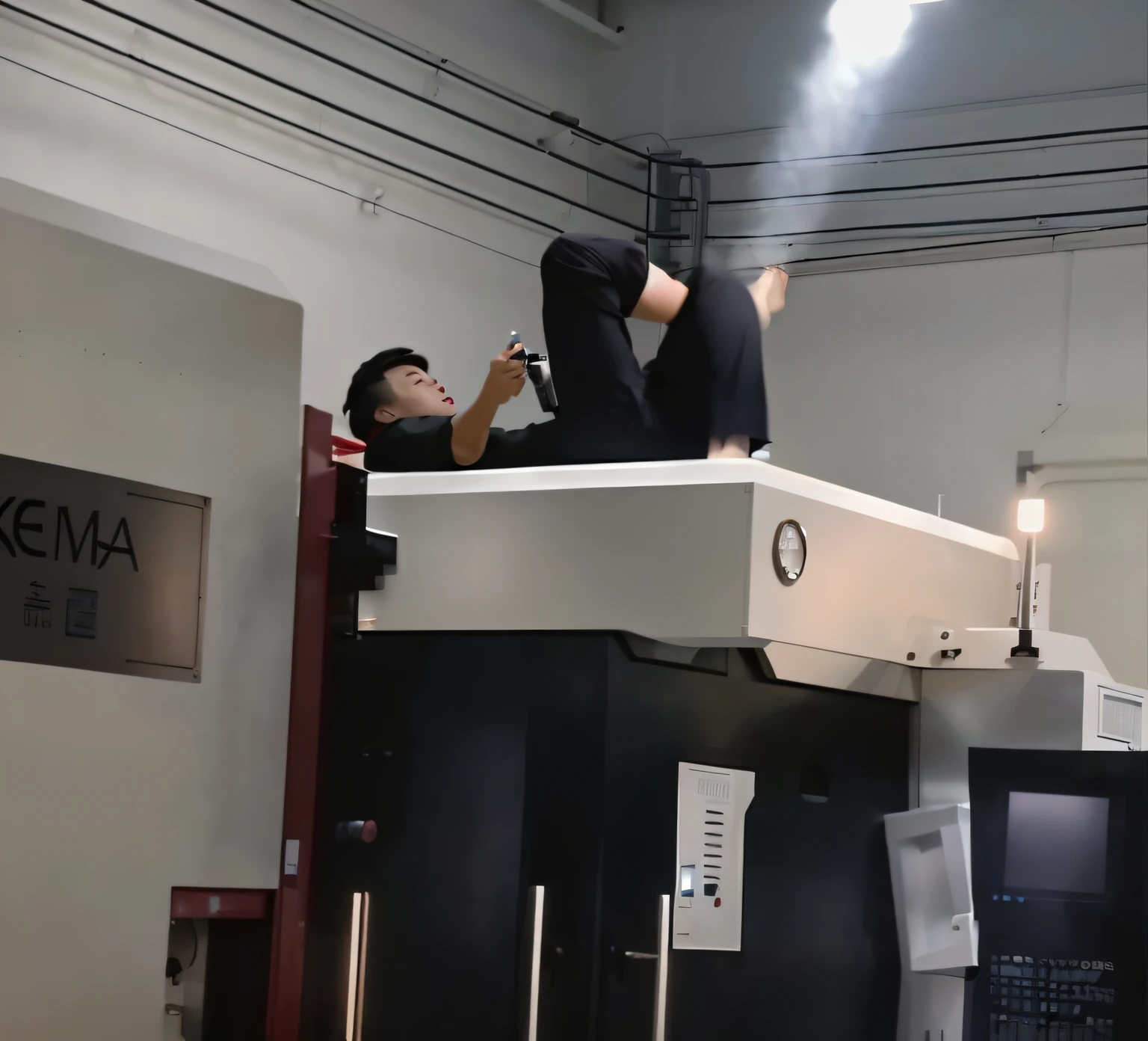There is a man lying on a CNC machine, Pose for Jiro's legs, Playing with your phone, action scene, extreme pose, weird camera angle, doing an elegant pose, weird camera angle, in an action pose, Lie on top of the CNC machine, insane action pose,  safe to work, fight scene, low quality video, model posing, funny camera angles