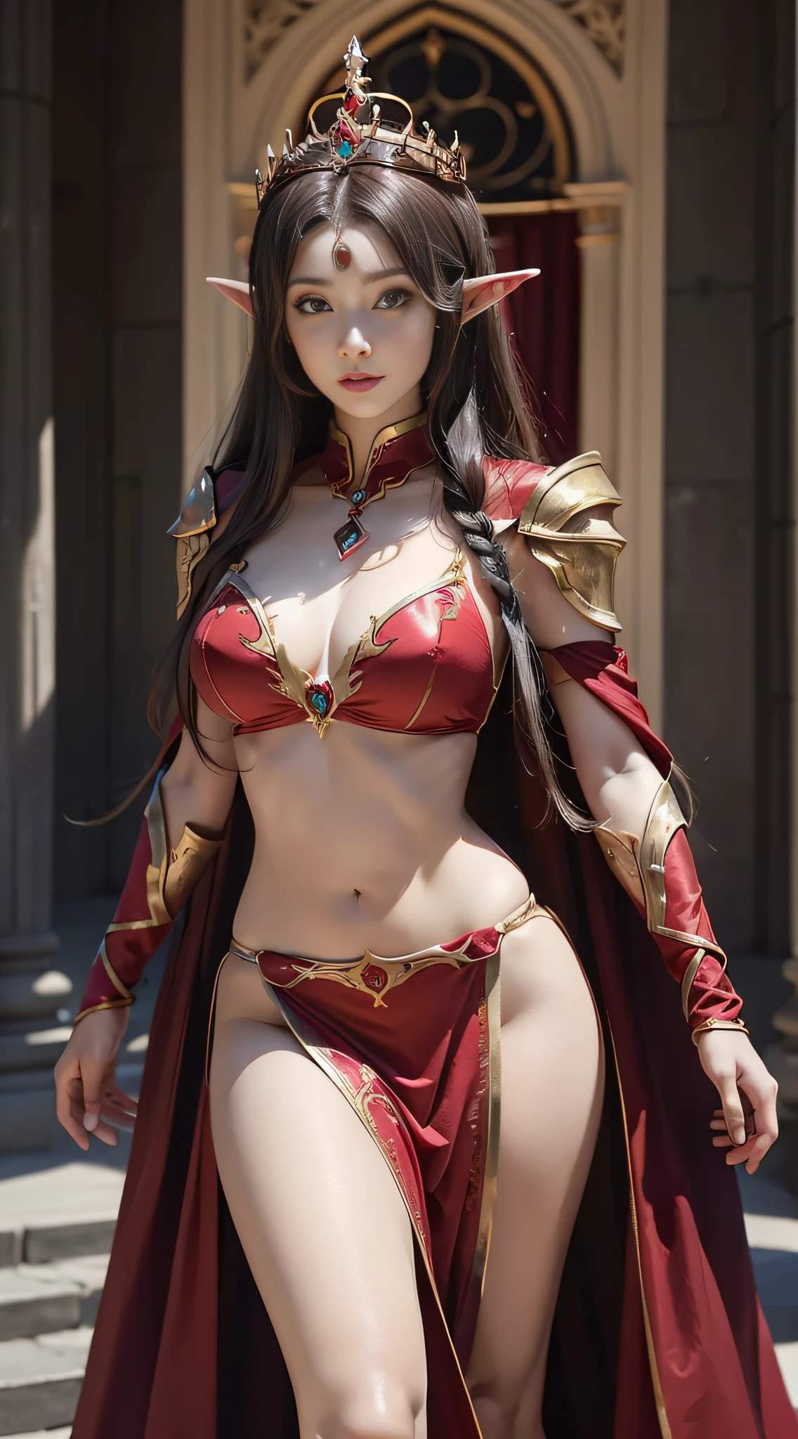 One wearing a red dress,Woman with a crown on her head, Gorgeous Role Play, fantasyoutfit, samira from league of legends, cinematic goddess body shot, alluring elf princess knight, beautiful and elegant elf queen, lady in red armor, beautiful elegant demon queen, fantasy style clothing, Anime girl cosplay, warrior costume, cosplay, ornate bikini armor