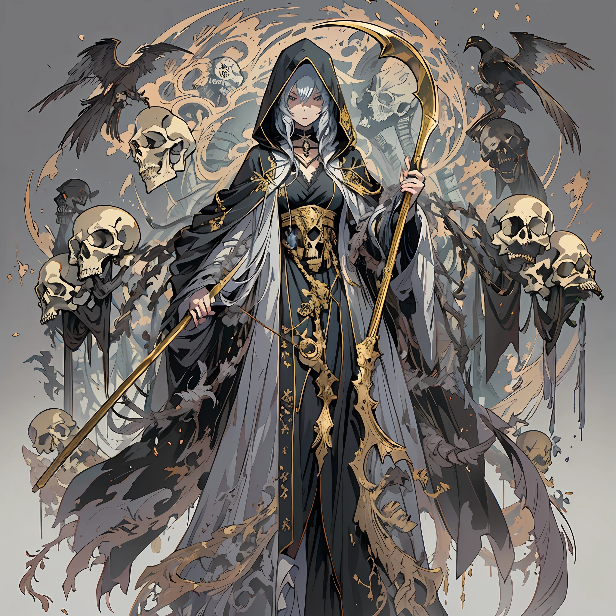((Solo, Adult woman)), holding a scythe, Black flowing robe, Hooded robe, Animal skulls and bones, Gold and silver, Pastel color scheme