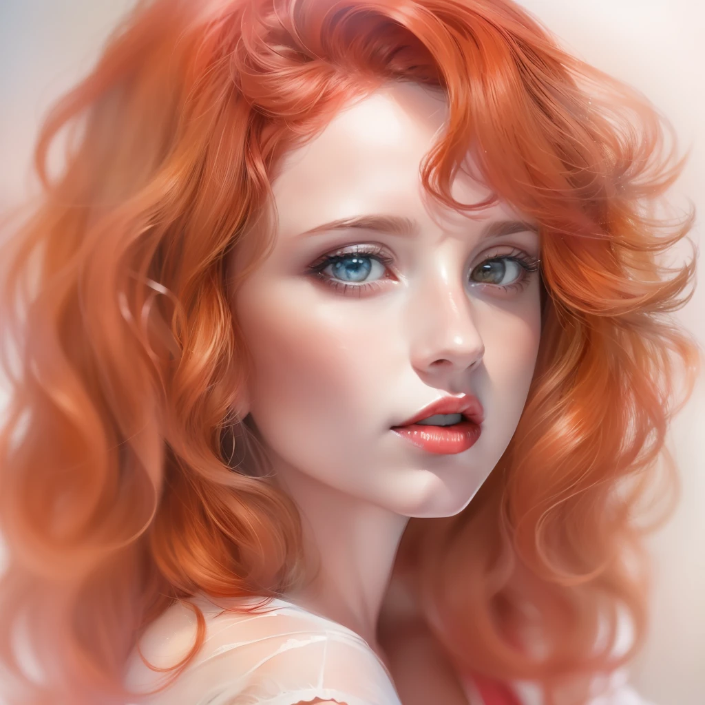 (a watercolor and pencil drawing of an incredibly beautiful 25-year-old woman with wavy red hair, red-lips, olhos cor de mel, sexy, corpo magro em forma