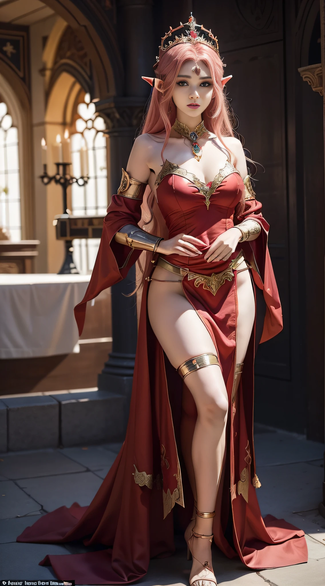 One wearing a red dress,Woman with a crown on her head, Gorgeous Role Play, fantasyoutfit, samira from league of legends, cinematic goddess body shot, alluring elf princess knight, beautiful and elegant elf queen, lady in red armor, beautiful elegant demon queen, fantasy style clothing, Anime girl cosplay, warrior costume, cosplay, ornate bikini armor