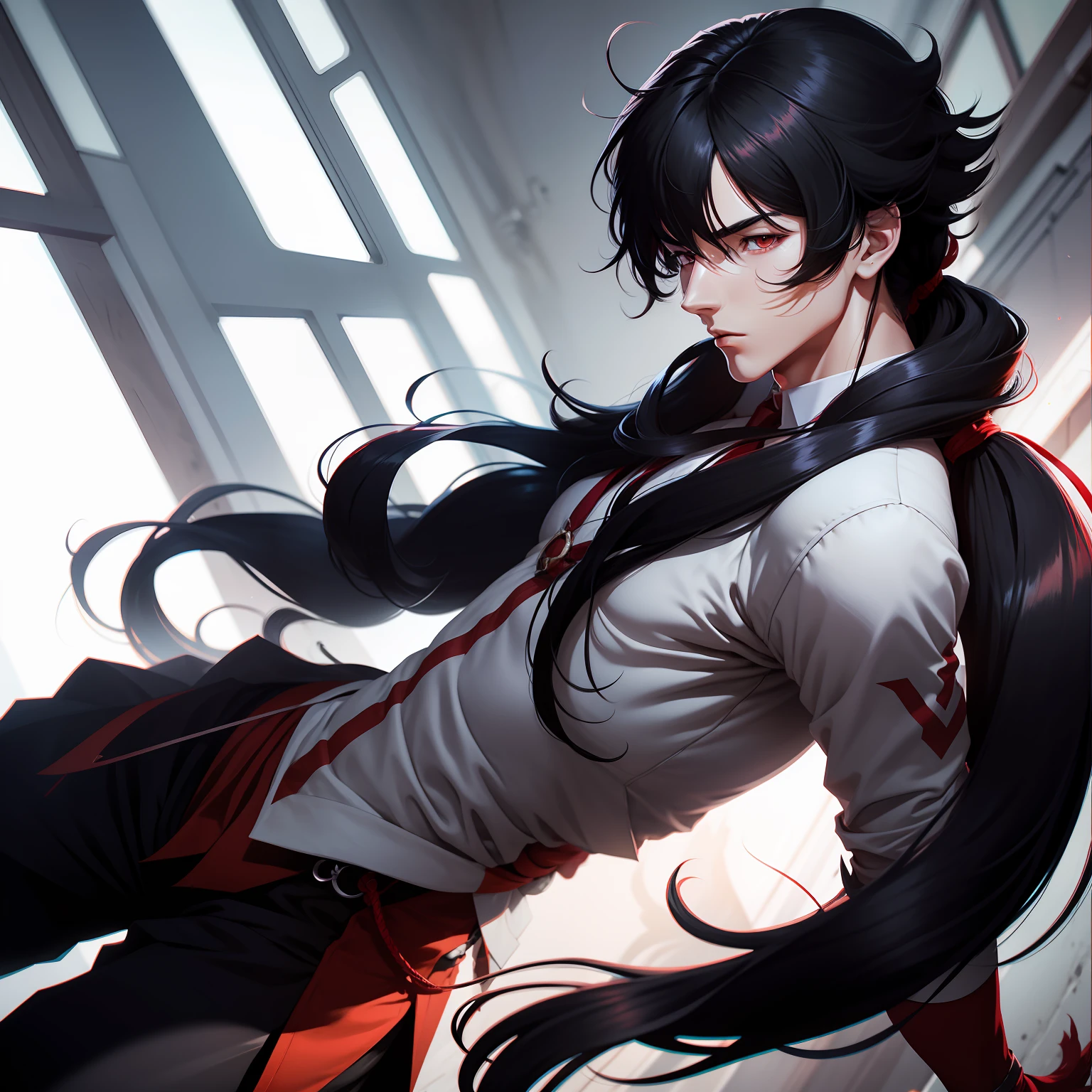 schoolboy,Black hair,red color eyes,The upper part of the body,action,Complex light and shadow,style of anime,Two-dimensional style,Hair tied up,Male characters,male people,Long-haired males,Long hair ponytail male,With bangs,Full cover bangs,gentleness,