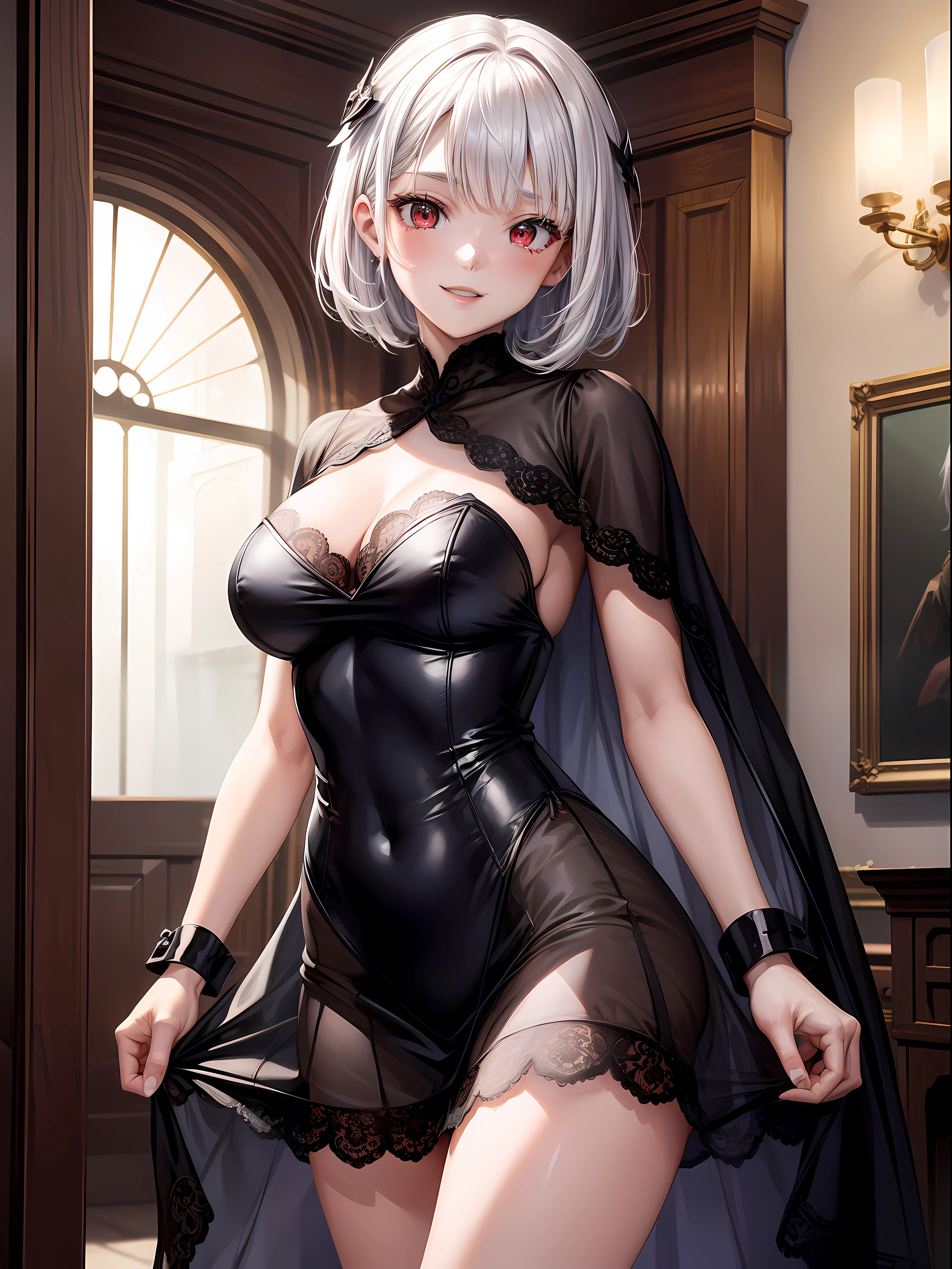 (masterpiece: 2.5), 1girl, breasts, (((short Dress))), ((lace dress)), large breasts, heart, red eyes, white hair, in a mansion , solo, looking at viewer, cowboy shot, covered navel, black dress, crow, smile, short hair, bangs, choke, hair ornament, indoors, parted lips, building, wrist cuffs, thighs, cape, leotard, night ,