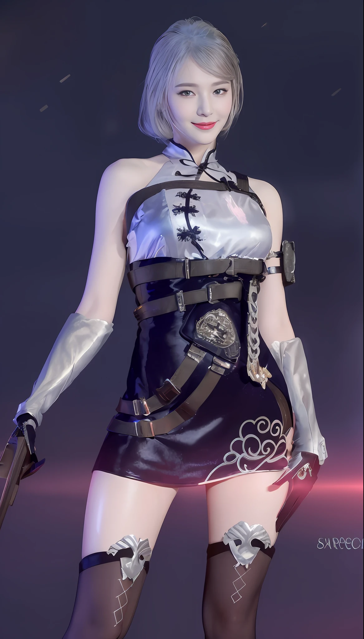 ((Best quality, 8k, Masterpiece :1.3)), 1girl, smiling, full body, slim face, Pretty woman, (Dark brown hair), full length dress :1.1, Ultra-detailed face, Detailed eyes, Double eyelid, blur background, slim face, city, outside, street,