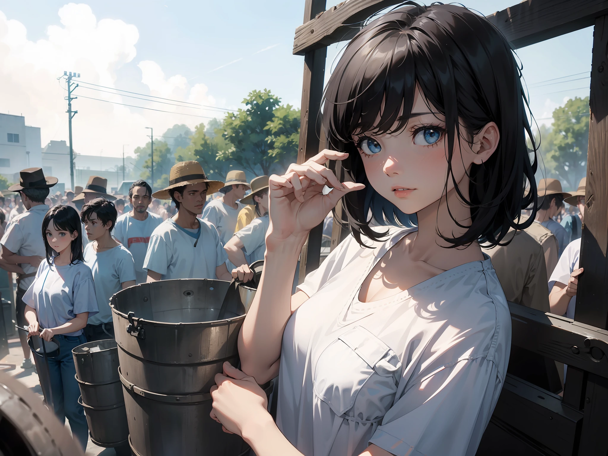 Masterpiece, Best quality，At the factory gate，Crowds with buckets in hand，1girll，with short black hair，White T blue jeans，With an iron bucket，Look into the distance，